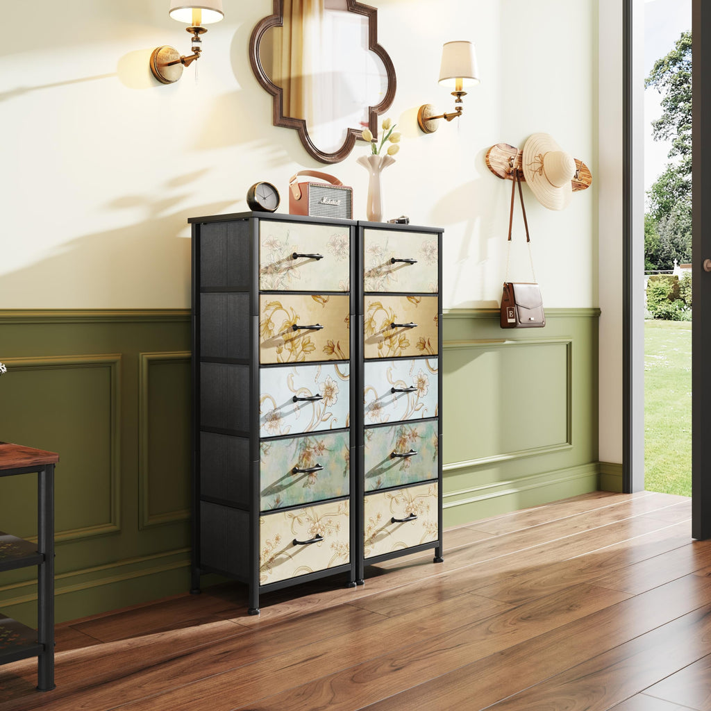 CAIYUN 5-Drawer Floral Fabric Chest – Tall Bedroom Storage Dresser