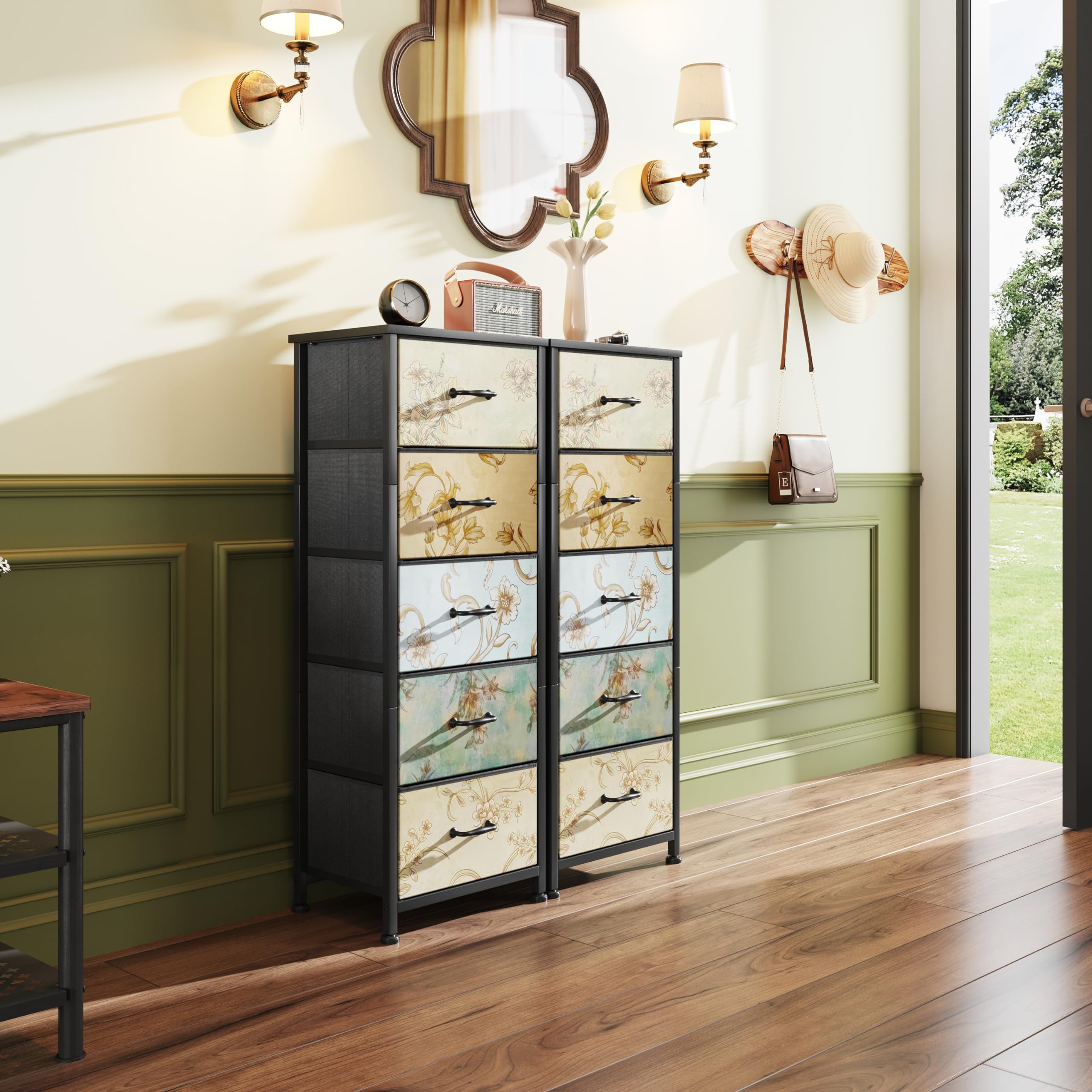 CAIYUN 5-Drawer Floral Fabric Chest – Tall Bedroom Storage Dresser