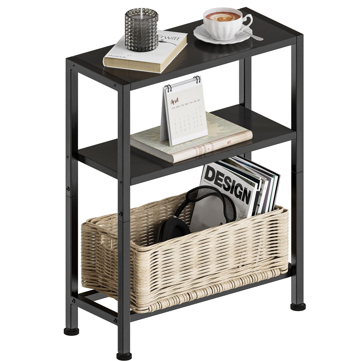 Vantimo Narrow Side Table, 3-Tier Small Shelving Unit, Slim Bedside Table for Small Space, Living Room, Bedroom, Sofa, Couch Black