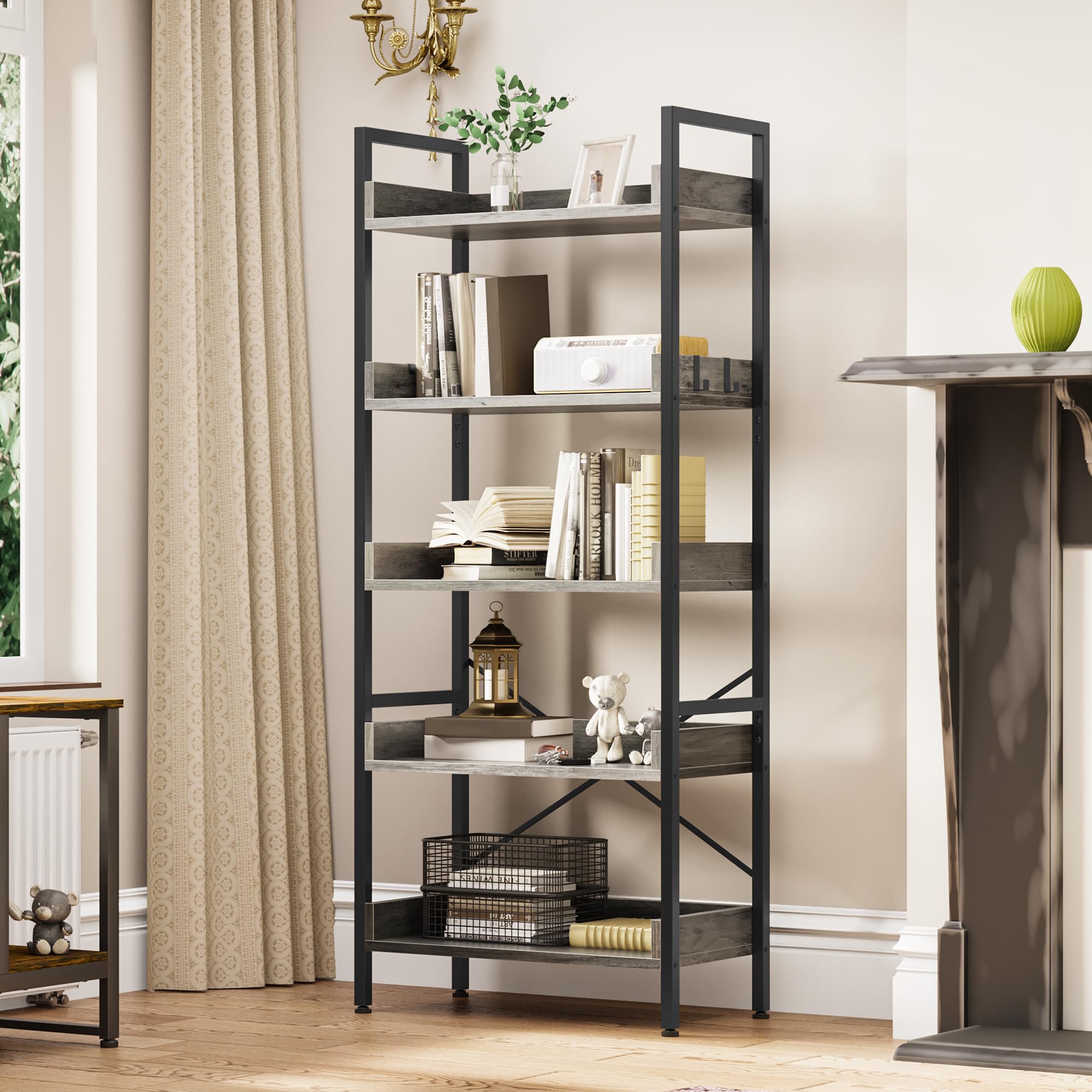YITAHOME 5-Tier Industrial Bookcase – Rustic Wood and Metal Storage Shelf