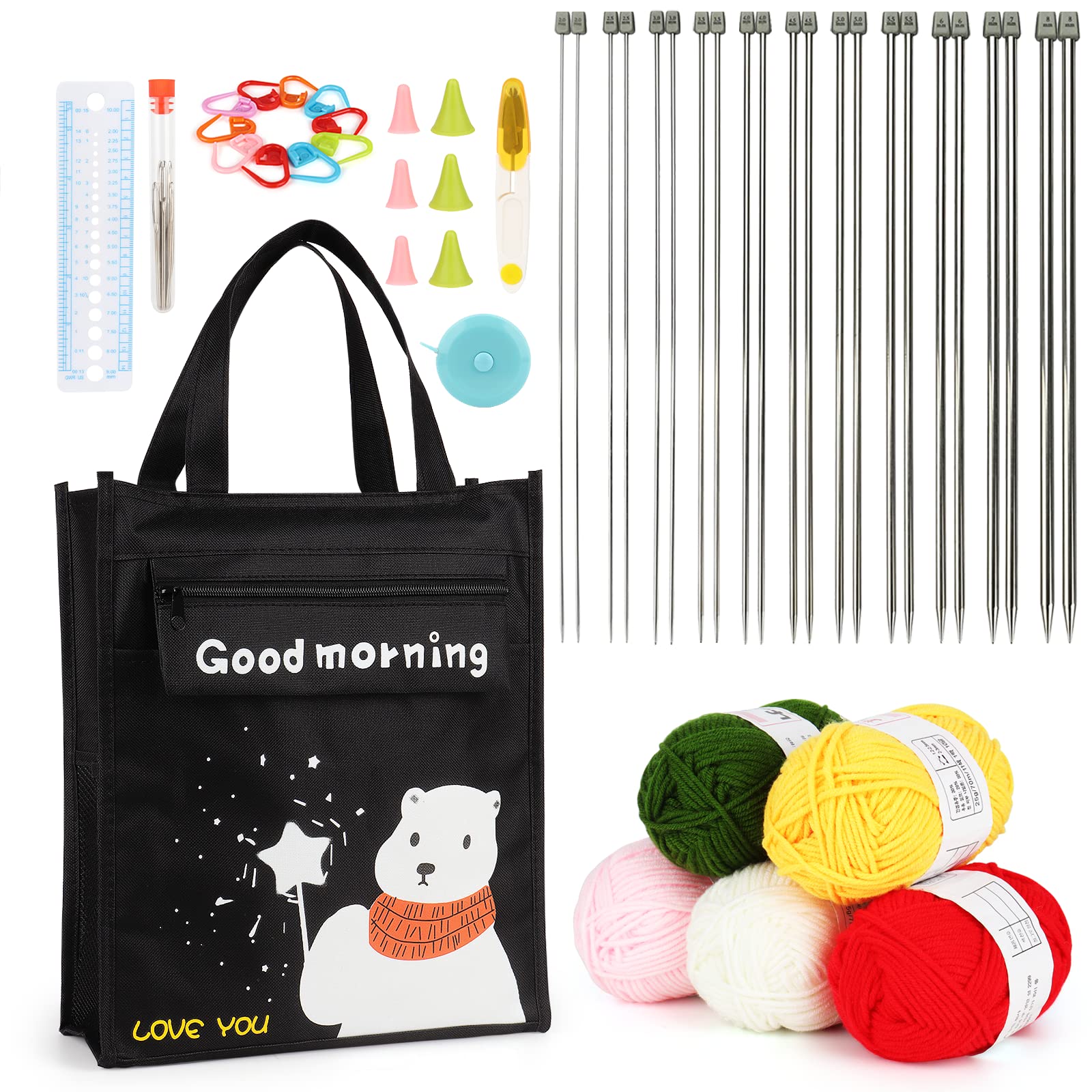 Aeelike Beginner Knitting Kit | 22 Metal Needles, 5 Yarns & Storage Bag