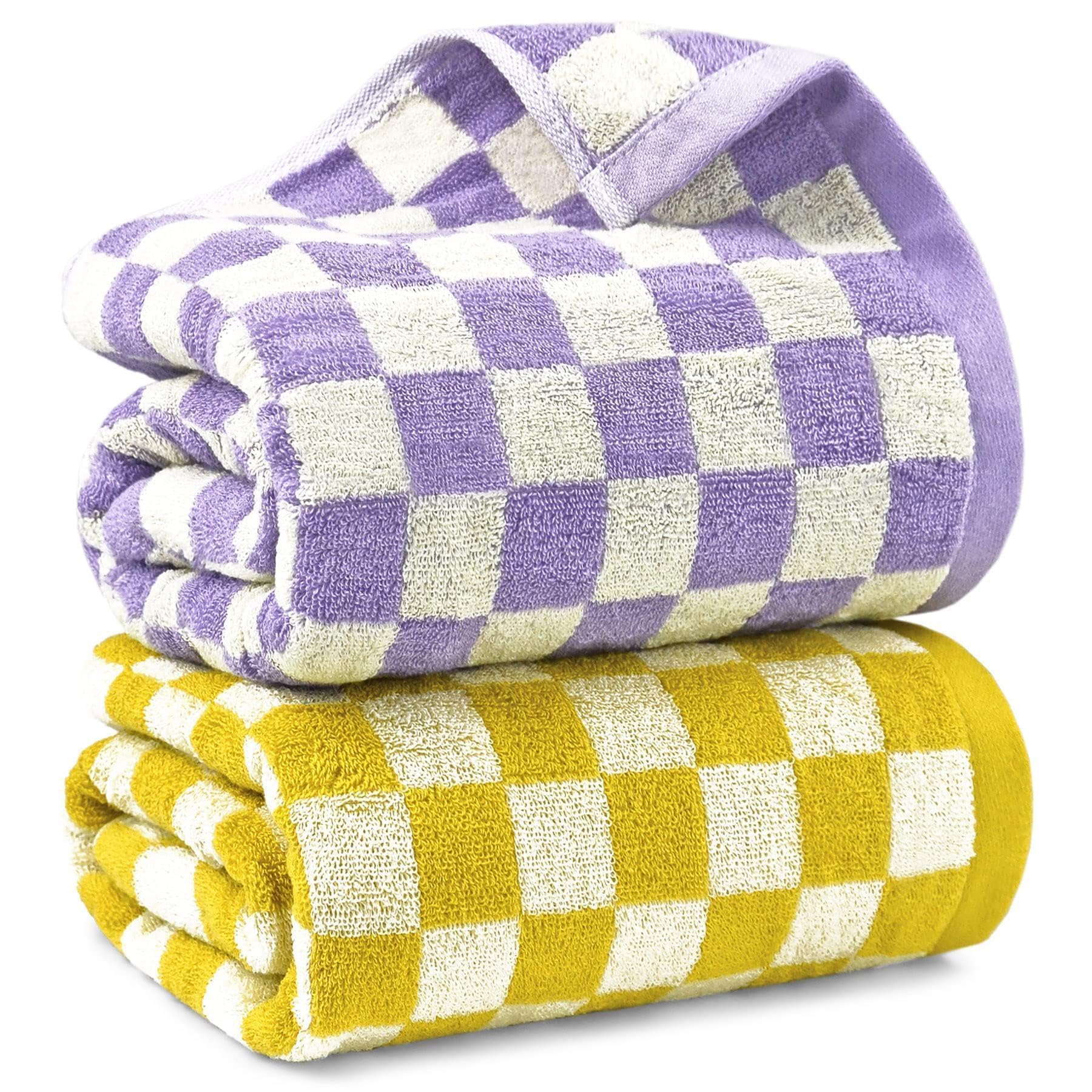 Jolof Store Checkered Cotton Bath Towel Set – Yellow & Lilac 2 Pack