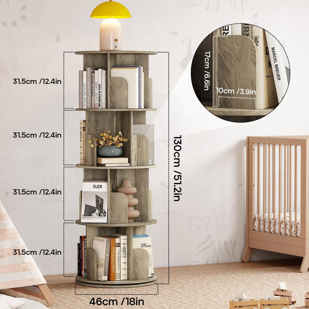 Quikraen 4-Tier Rotating Bookshelf，360° Rotating Storage Rack，Oak Color