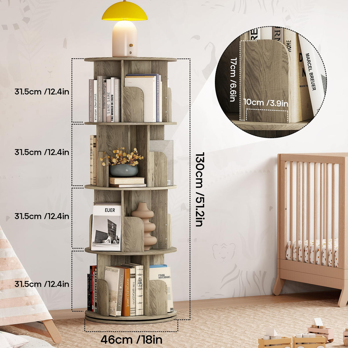 Quikraen 4-Tier Rotating Bookshelf，360° Rotating Storage Rack，Oak Color