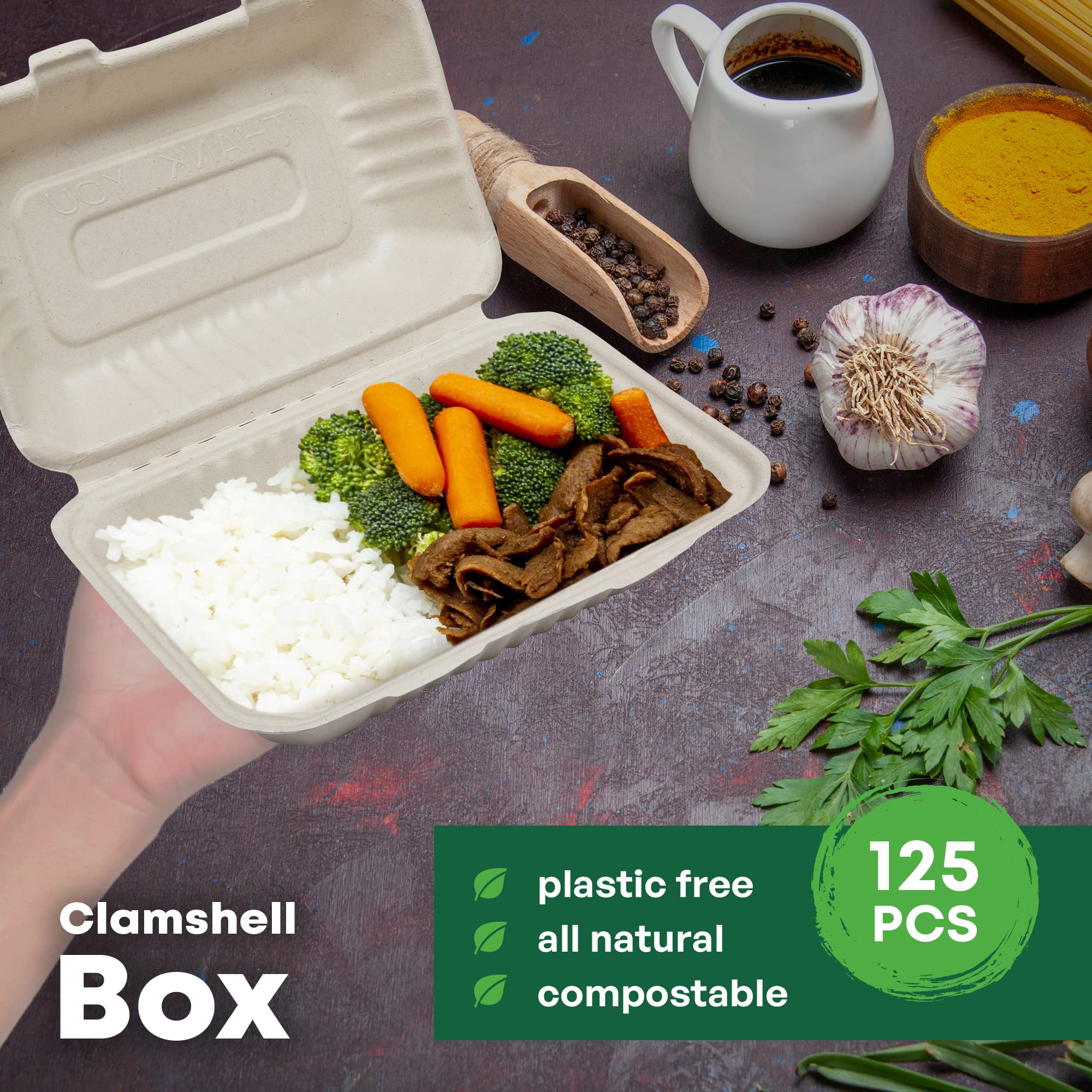 Disposable Green Bagasse Clamshell Food Containers - 125 Pack