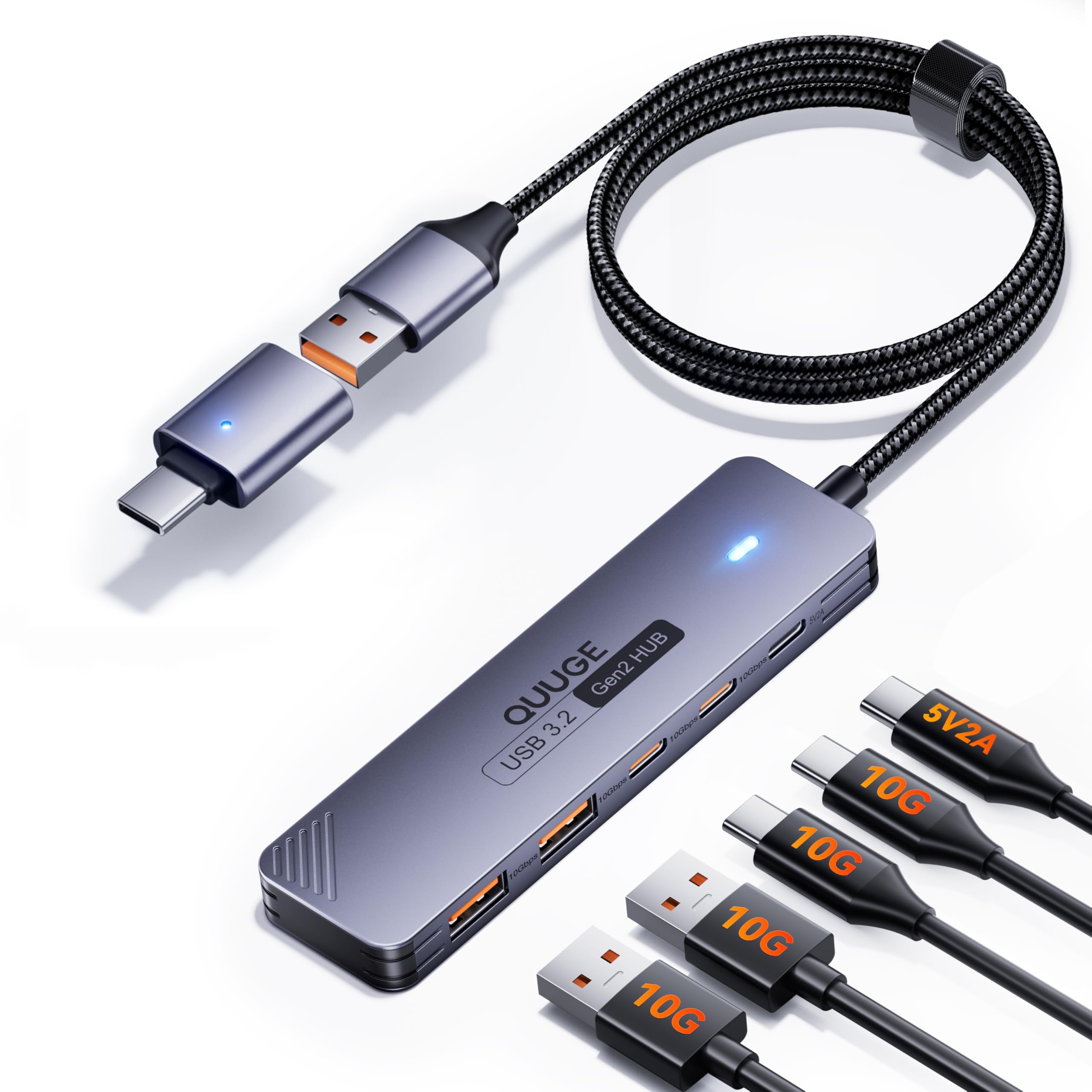QUUGE USB 3.2 Hub 10Gbps | 4-Port USB-A & USB-C Splitter with 1.2m Cable