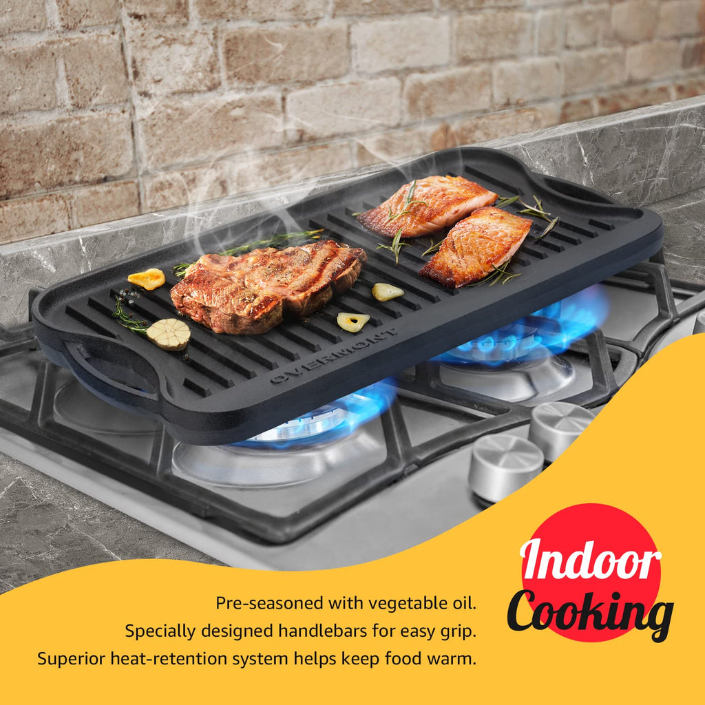 Overmont Pre-Seasoned Cast Iron Reversible Griddle Grill Pan, 20x9.2 Inch