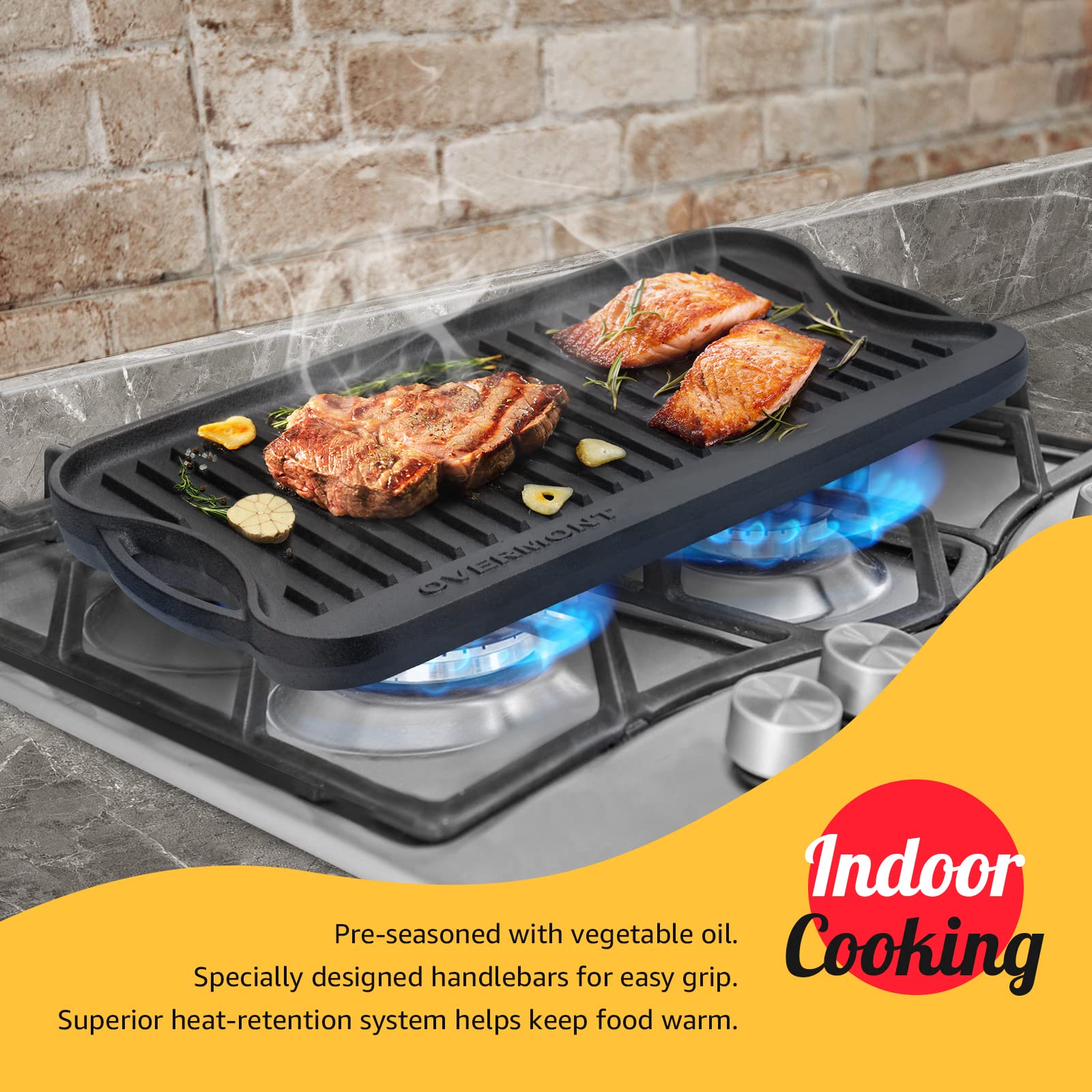 Overmont Pre-Seasoned Cast Iron Reversible Griddle Grill Pan, 20x9.2 Inch