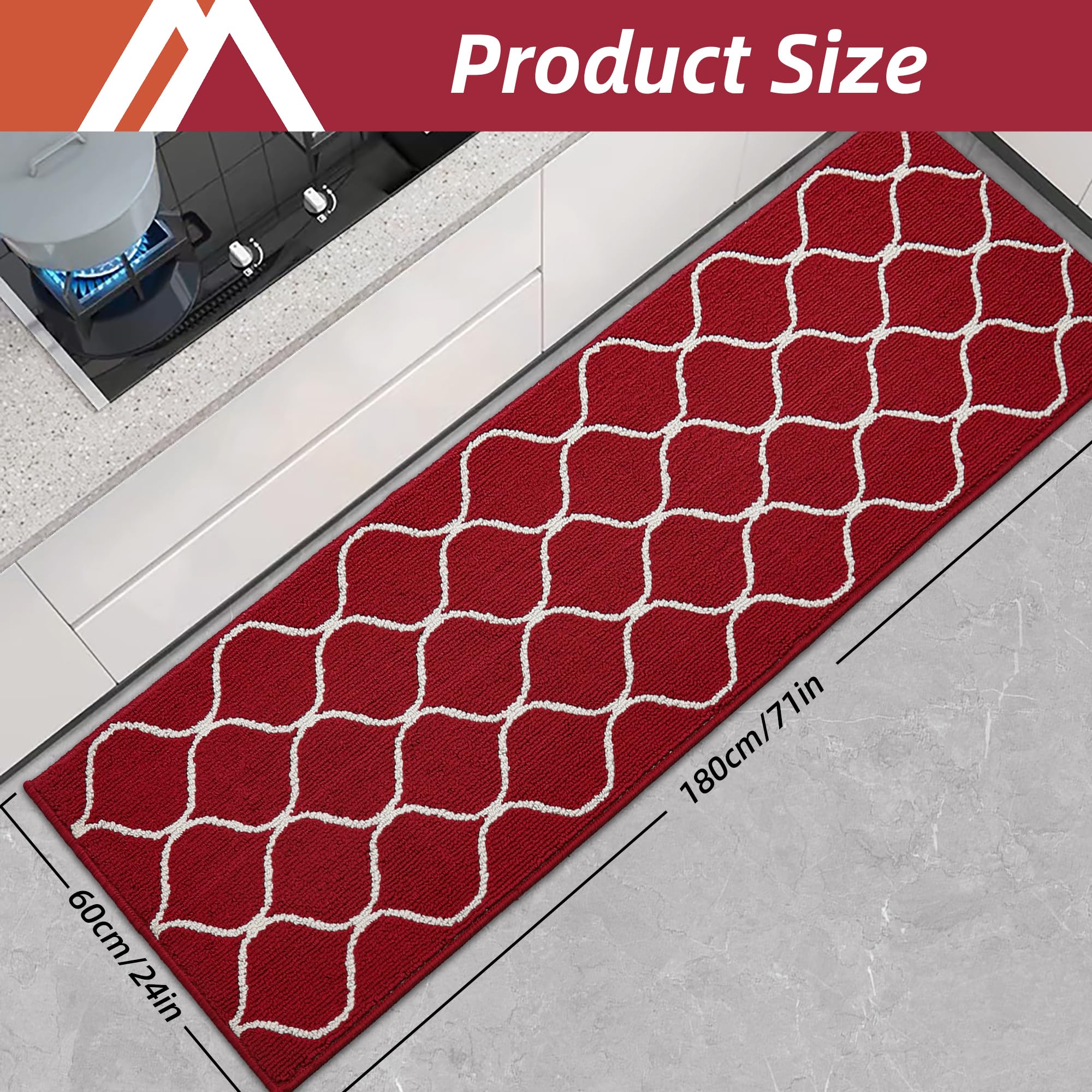 COSY HOMEER Kitchen Mat Runner – 60x180cm Non-Slip Washable Rug, Red