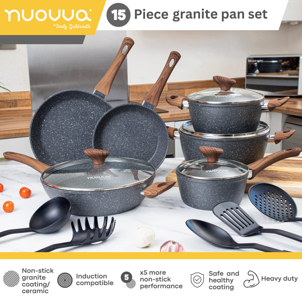 Nuovva 15-Piece Non-Stick Cookware Set – Marble Induction Pots and Pans