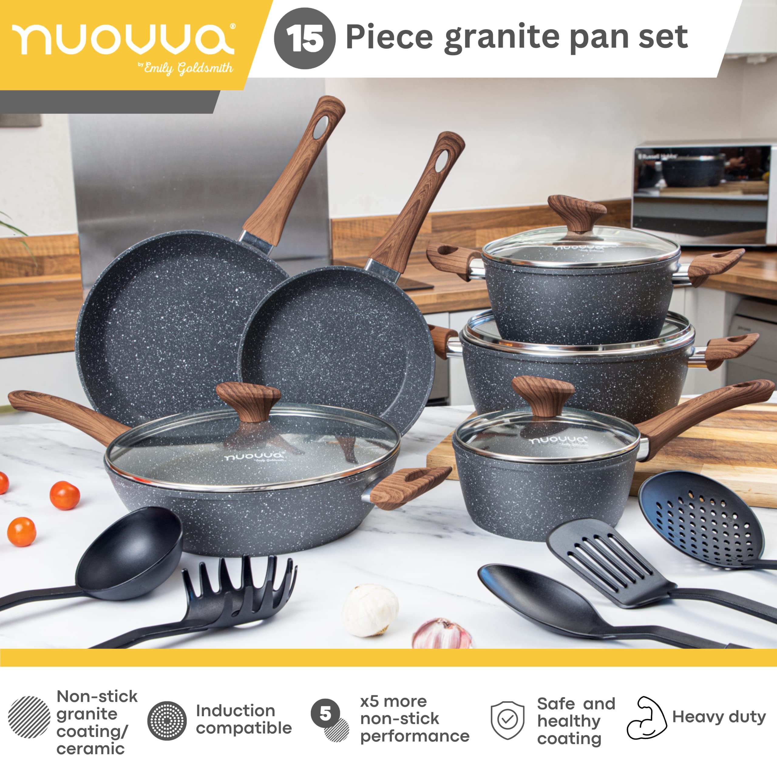 Nuovva 15-Piece Non-Stick Cookware Set – Marble Induction Pots and Pans