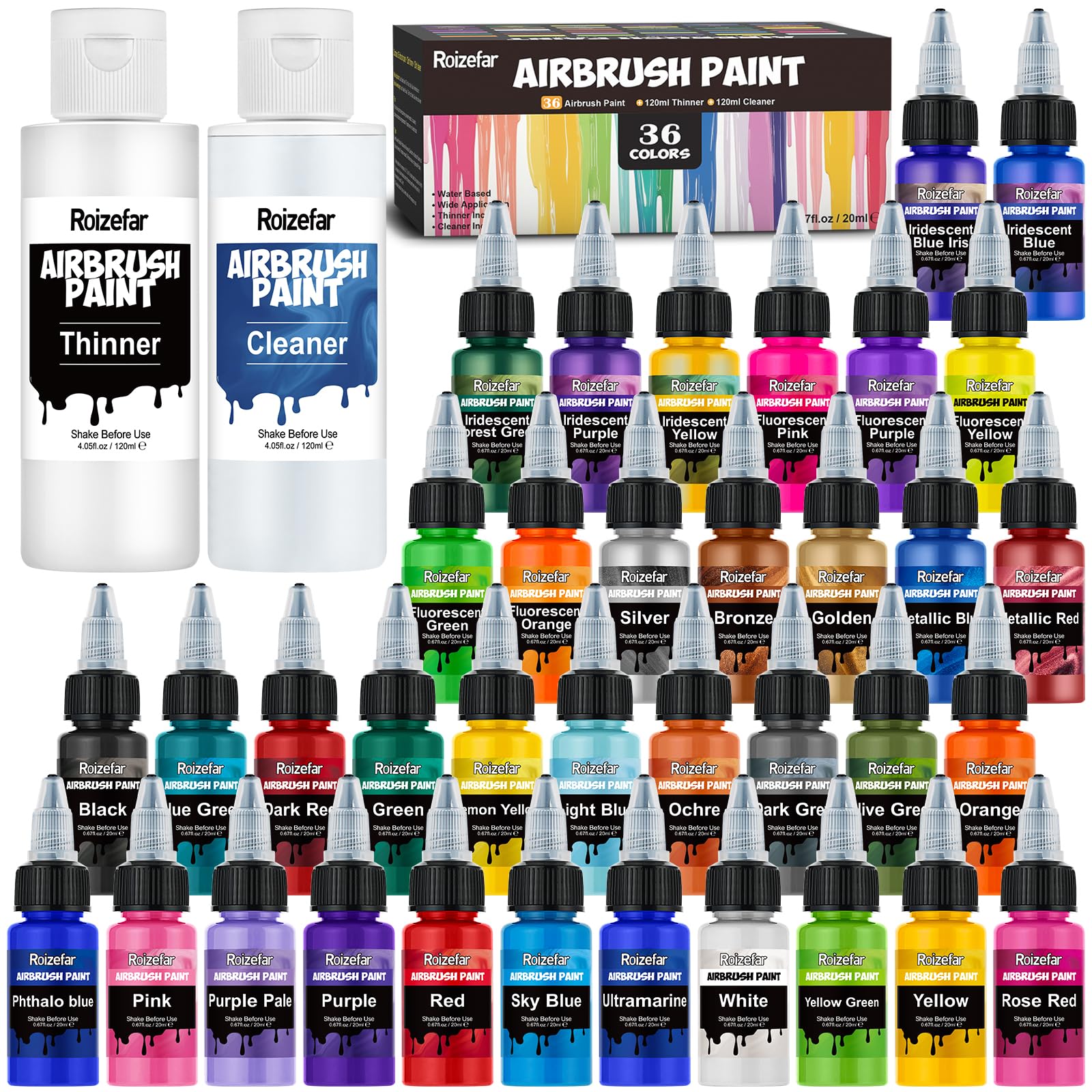 Roizefar Airbrush Paint Set - 36 Colors Water-Based Acrylic Kit with Cleaner