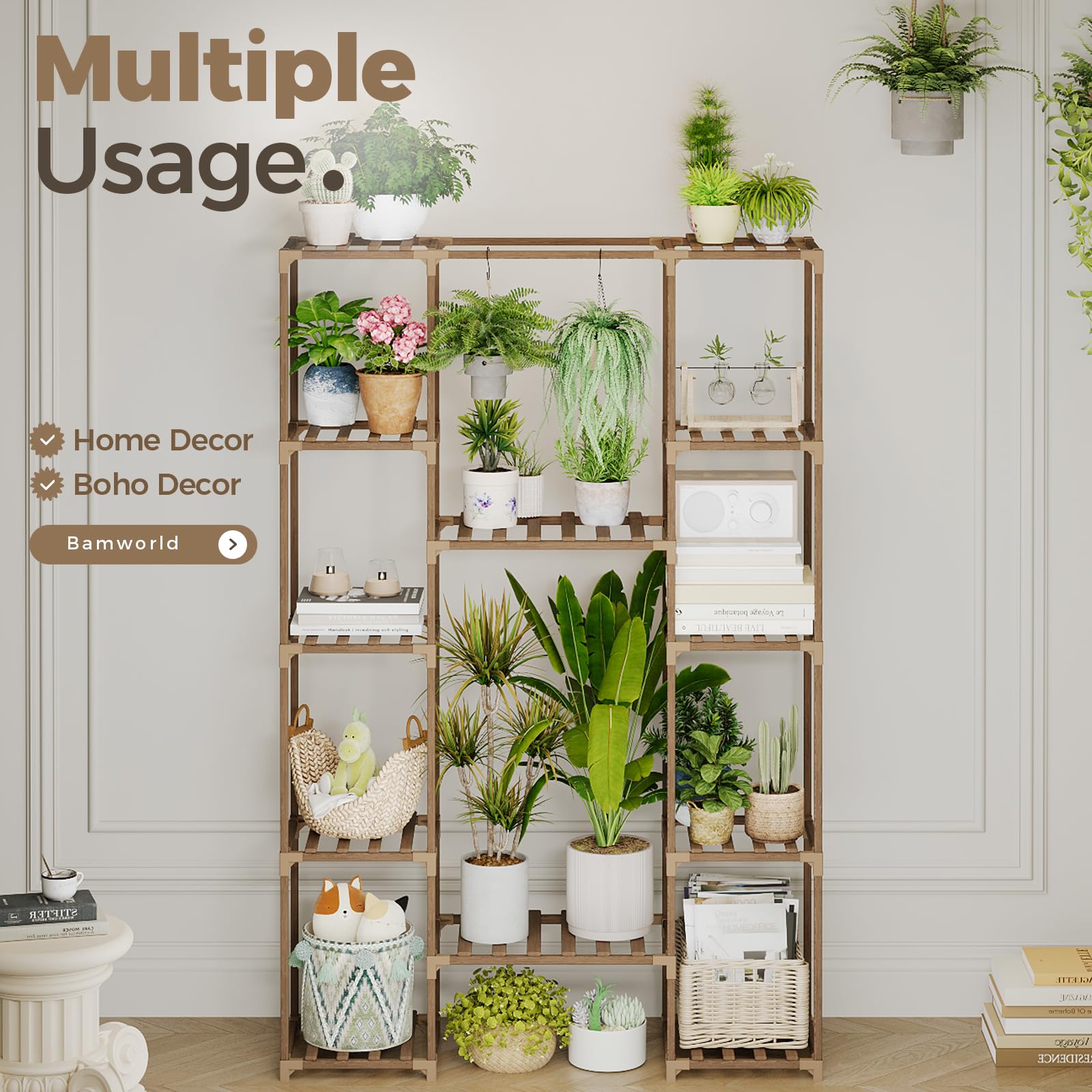 Bamworld 62.2'' Tall Wood Plant Stand | 4-Tier Indoor Hanging Flower Rack