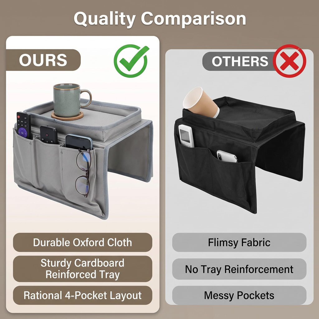 Ejoyous Sofa Armrest Organizer, 4 Pockets Couch Bag for TV Remote Control, Oxford Cloth Armchair Storage with Cup Holder Tray Gray