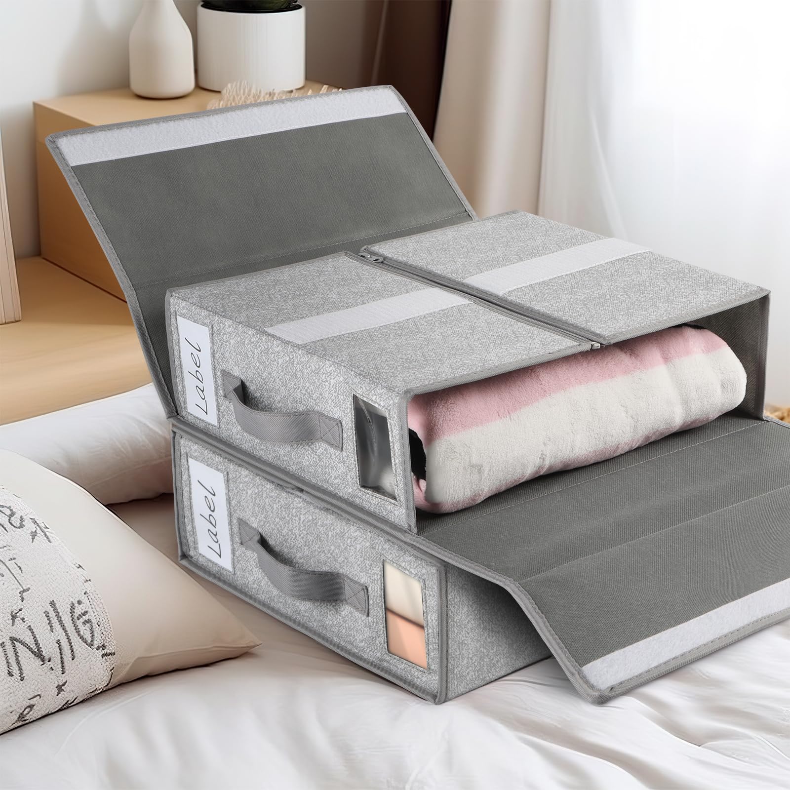 Syeeiex Bed Sheet Organiser - 6 Pack Foldable Linen Storage Boxes, Grey