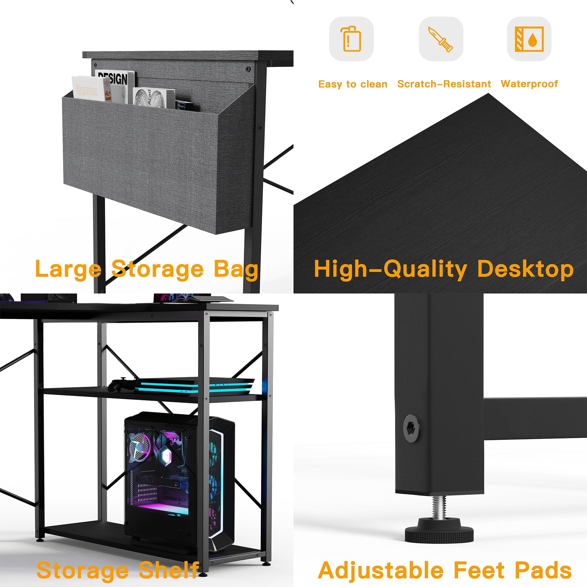BEXEVUE L-Shaped Gaming Desk | 100x70cm Computer Table with Shelves