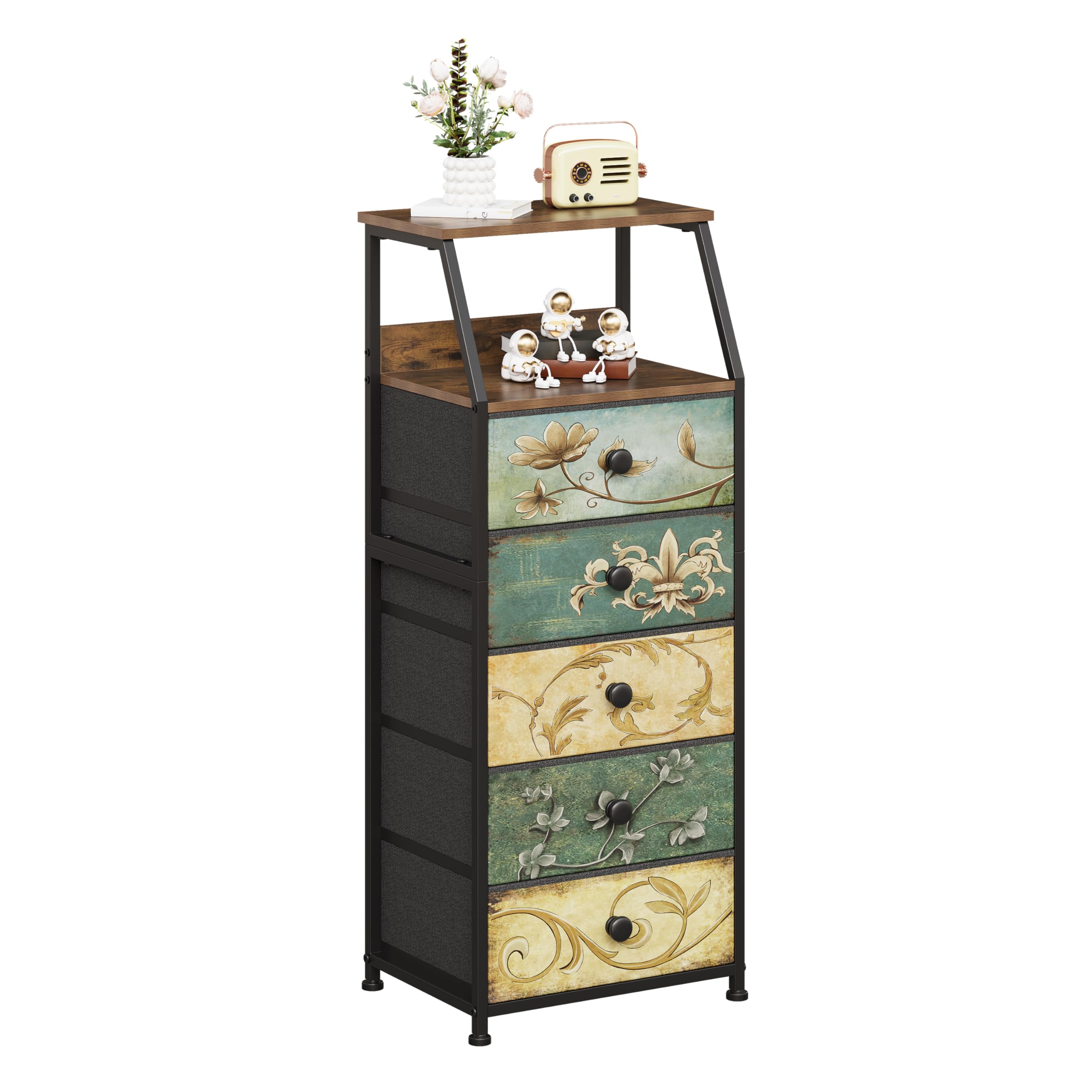 VEDECASA 5 Drawer Narrow Chest of Drawers | Retro Fabric Storage Dresser