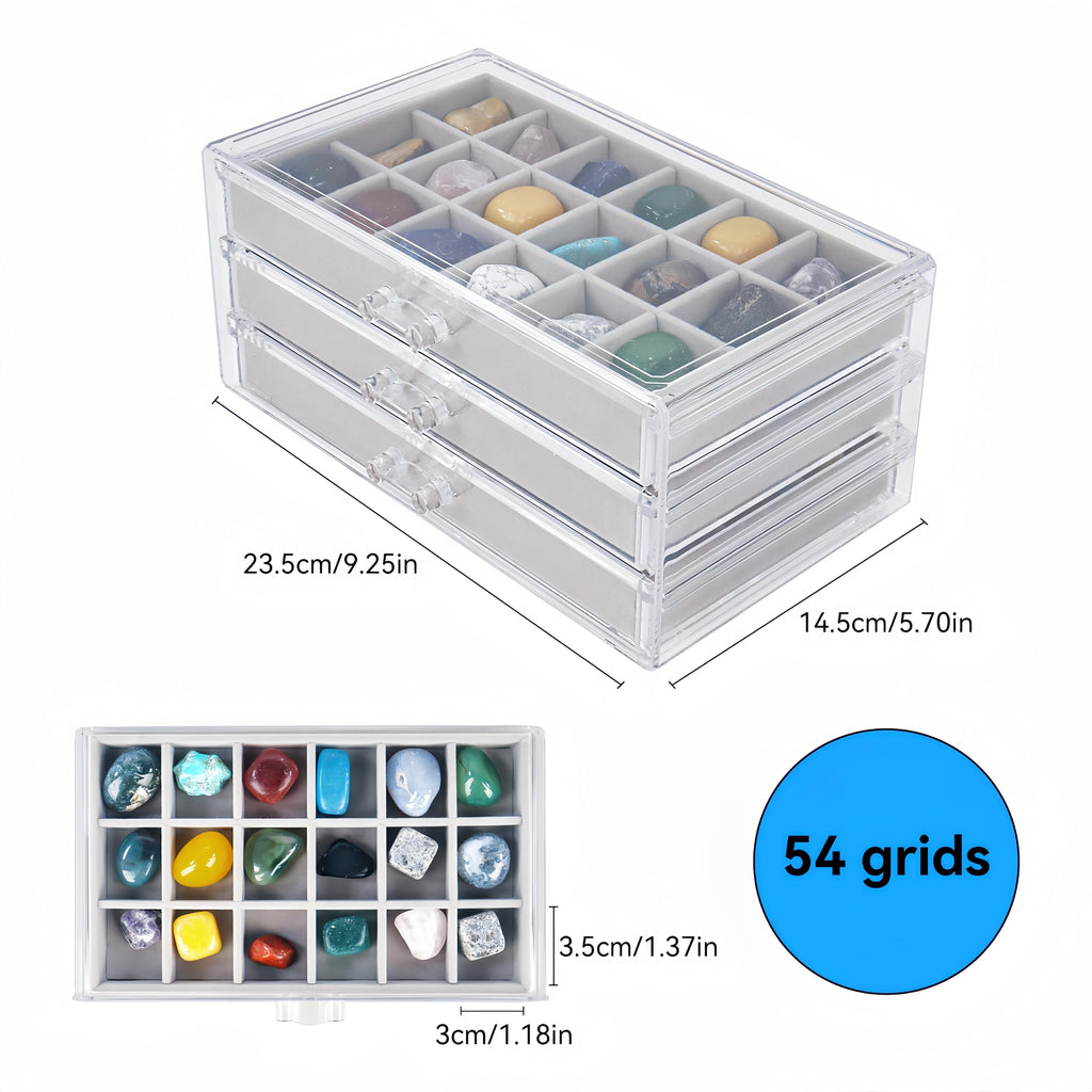 Dmnnlp Rock Display Case, 3 Drawers 54 Grids Rock Collection Box, Storage Cases for Gemstone Fossil Crystal Stone Jewellery Grey