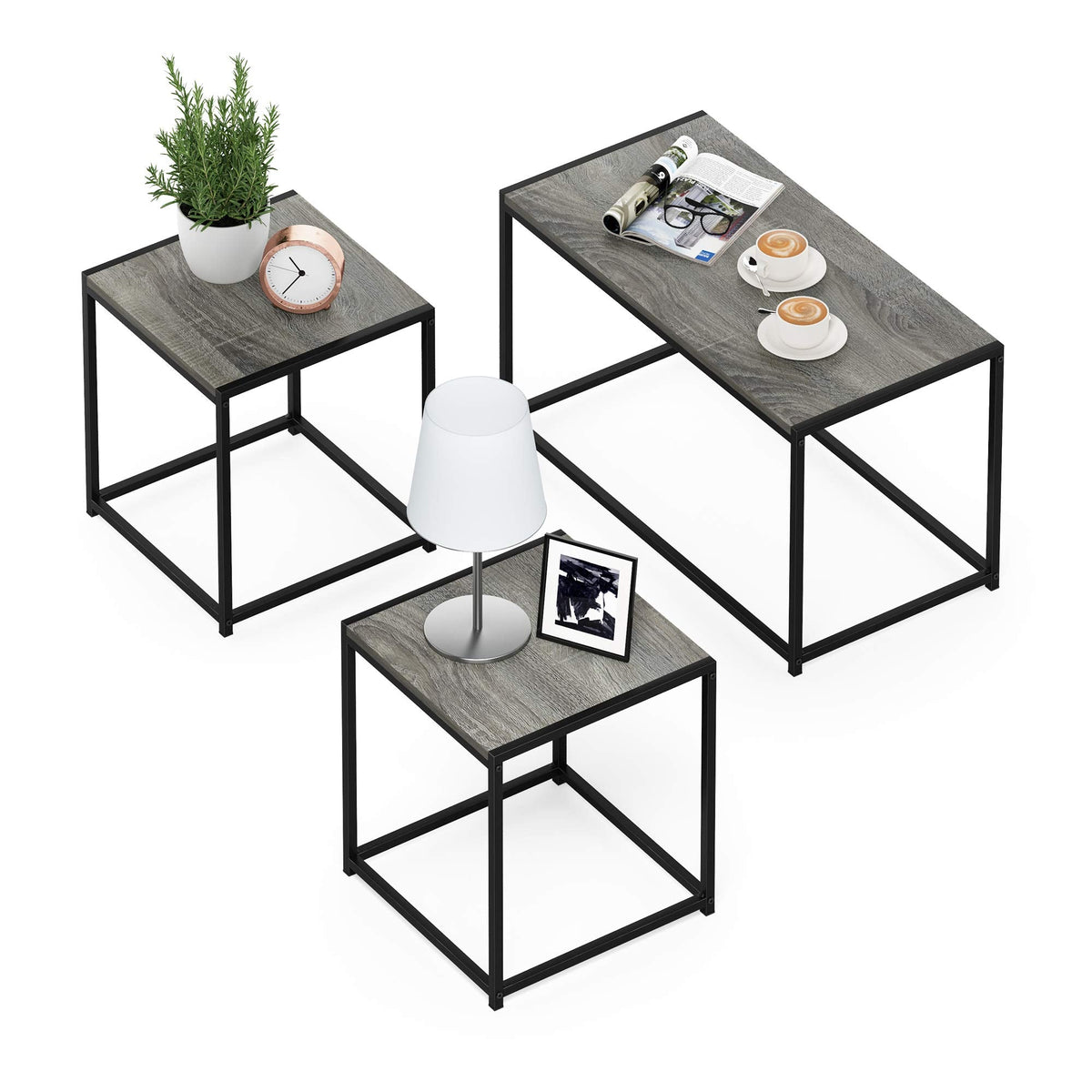 Furinno Camnus Modern Living Room Table Set with One Coffee Table and Two Side Tables, French Oak Grey - image 1
