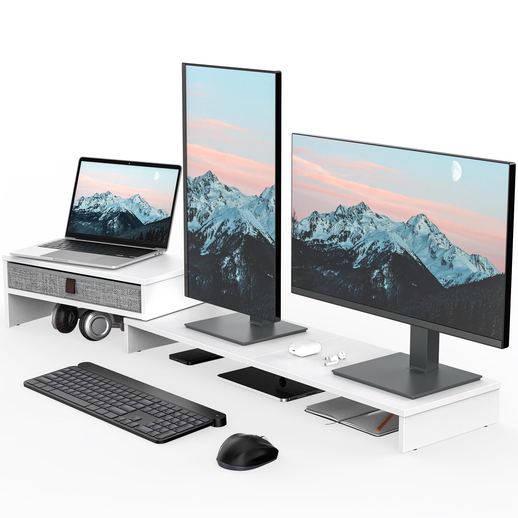 Dual Monitor Stand Riser with Drawer - Adjustable Wood Shelf