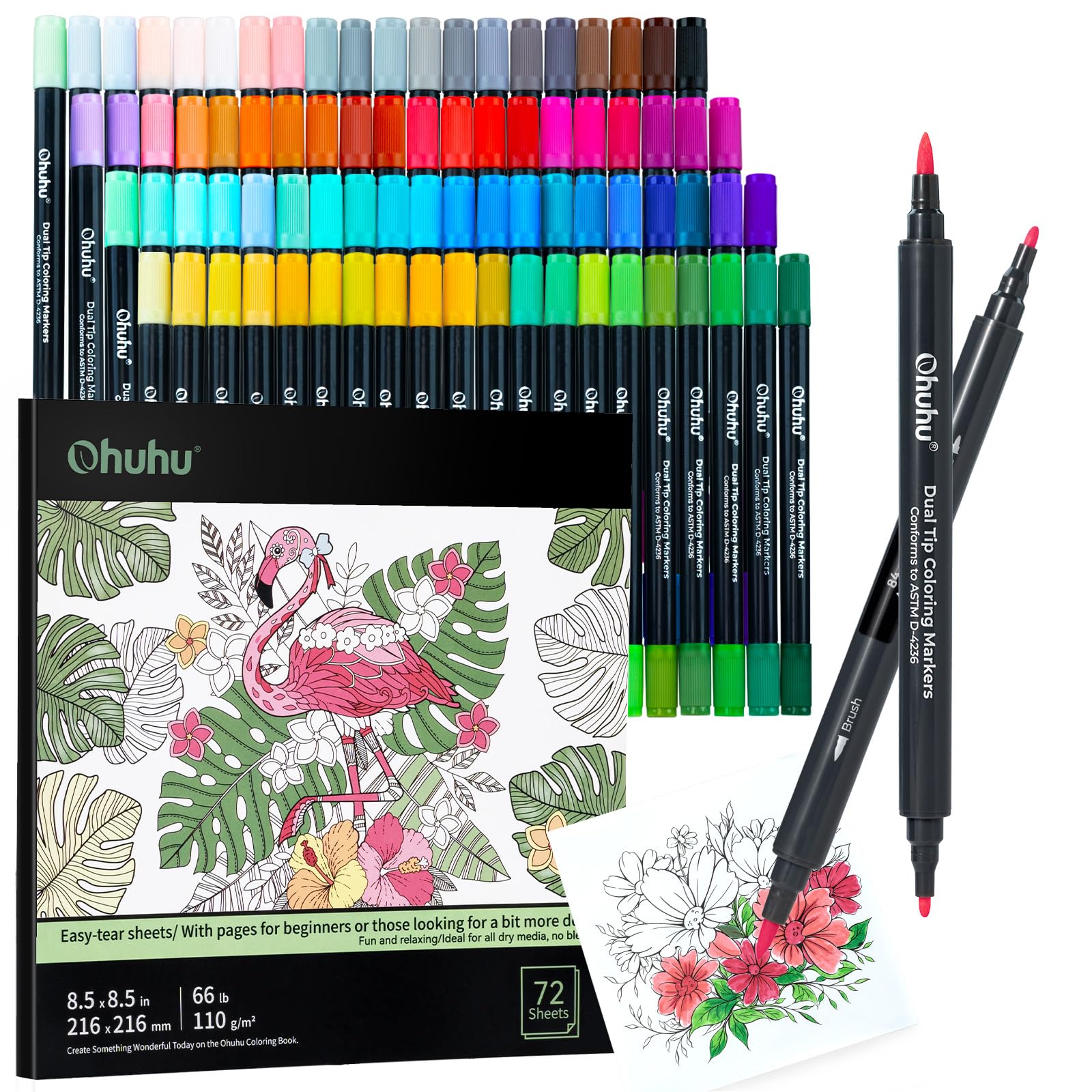 Ohuhu 80 Color Dual Tip Markers & 72 Page Bleed-Proof Coloring Book Set