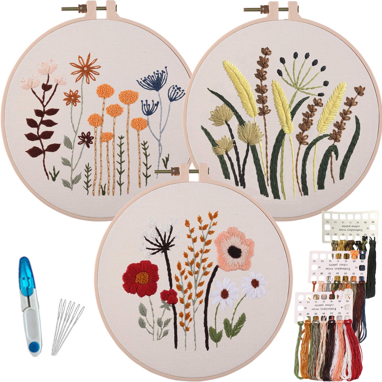 Myfelicity 3 Sets Beginner Embroidery Kits | Floral DIY Needlework Kit