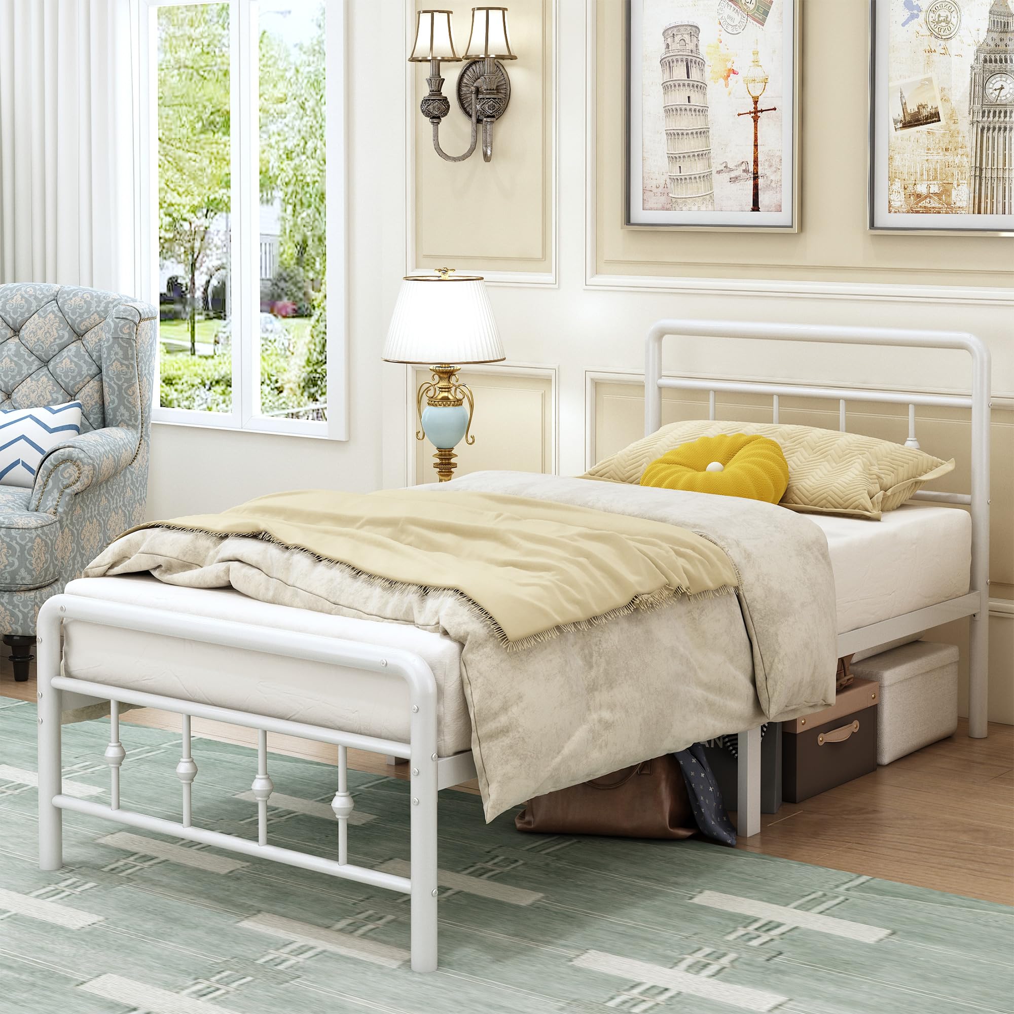 EMODA Small Single Bed Frame | 2ft6 Victorian Metal Bed with Storage - White