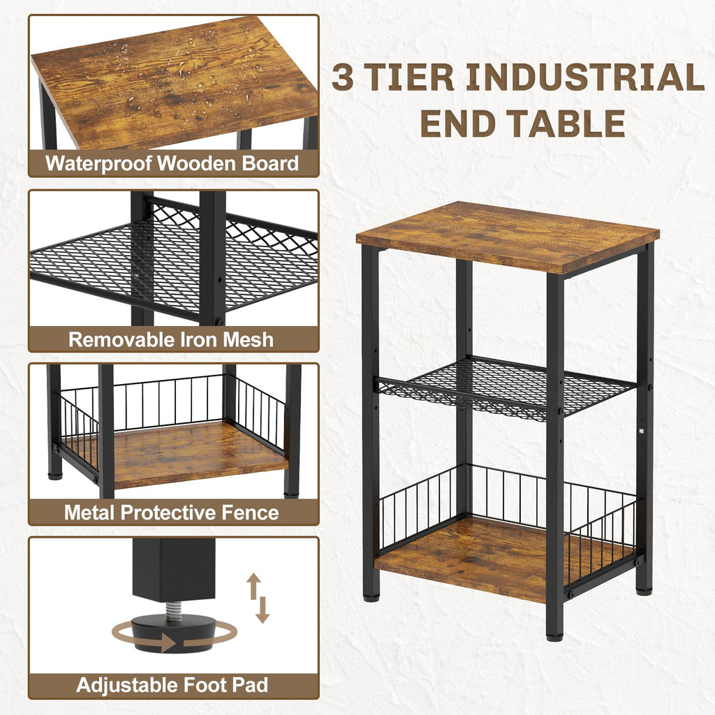 iDavosic.ly 3-Tier Industrial Side Table – Rustic Narrow Nightstand