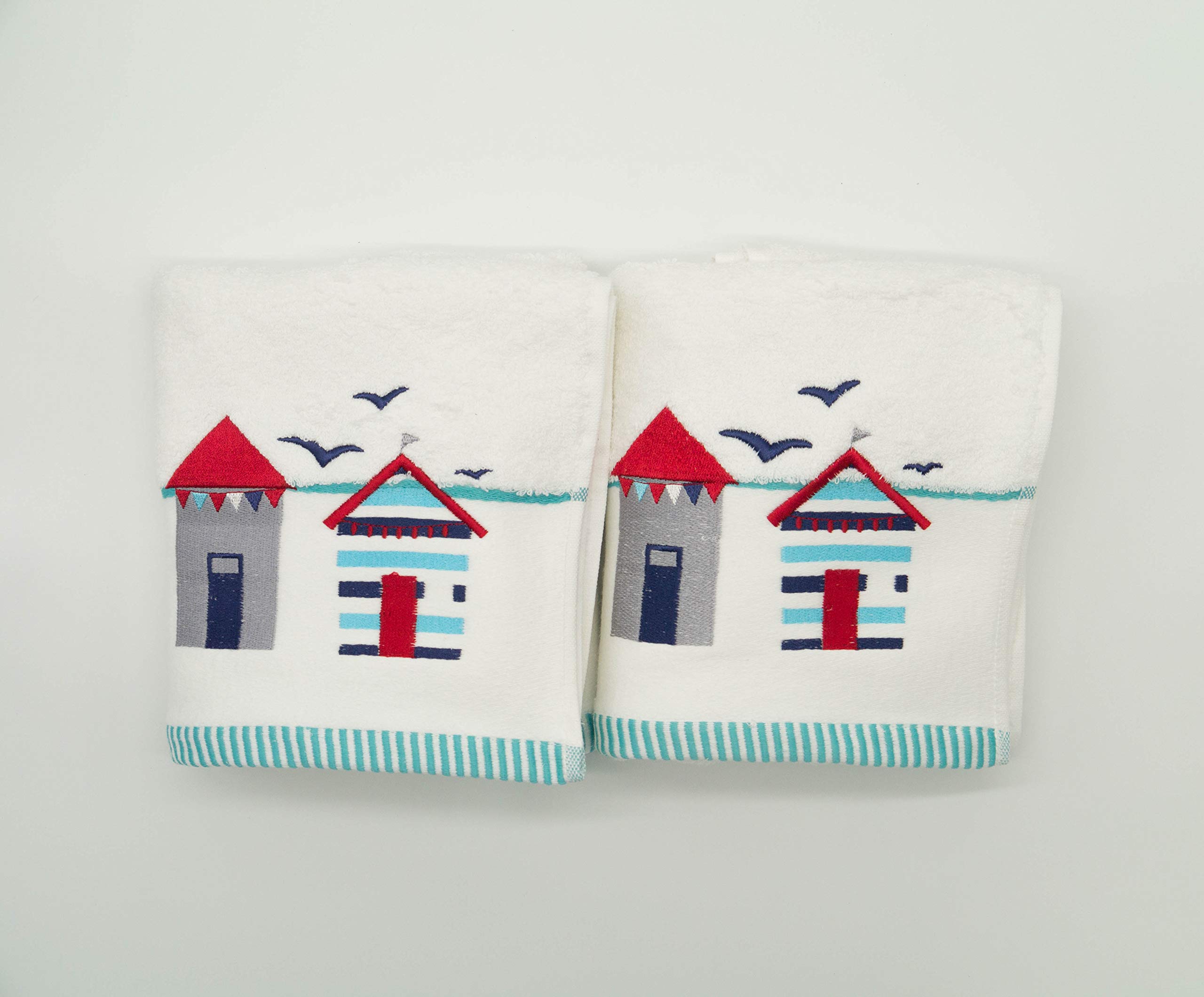 Lex's Linens Luxury Hand Towels - 2 Pack Turkish Cotton Beach Hut & Birds