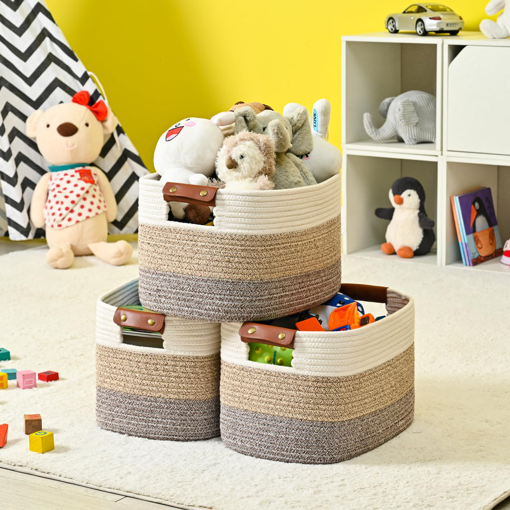 Cotton Rope Storage Baskets with Leather Handles, 3-Pack