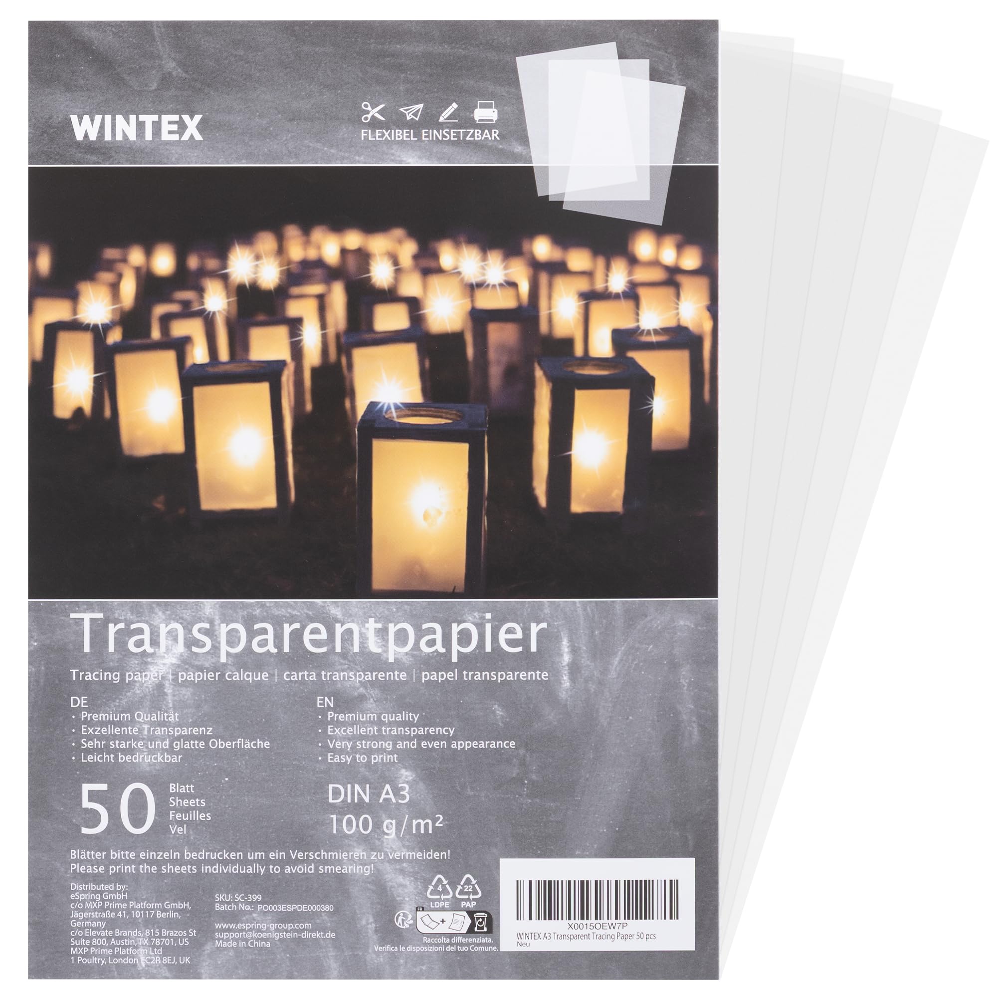 Wintex A3 Tracing Paper 100gsm | 50 Sheets Transparent Vellum Paper