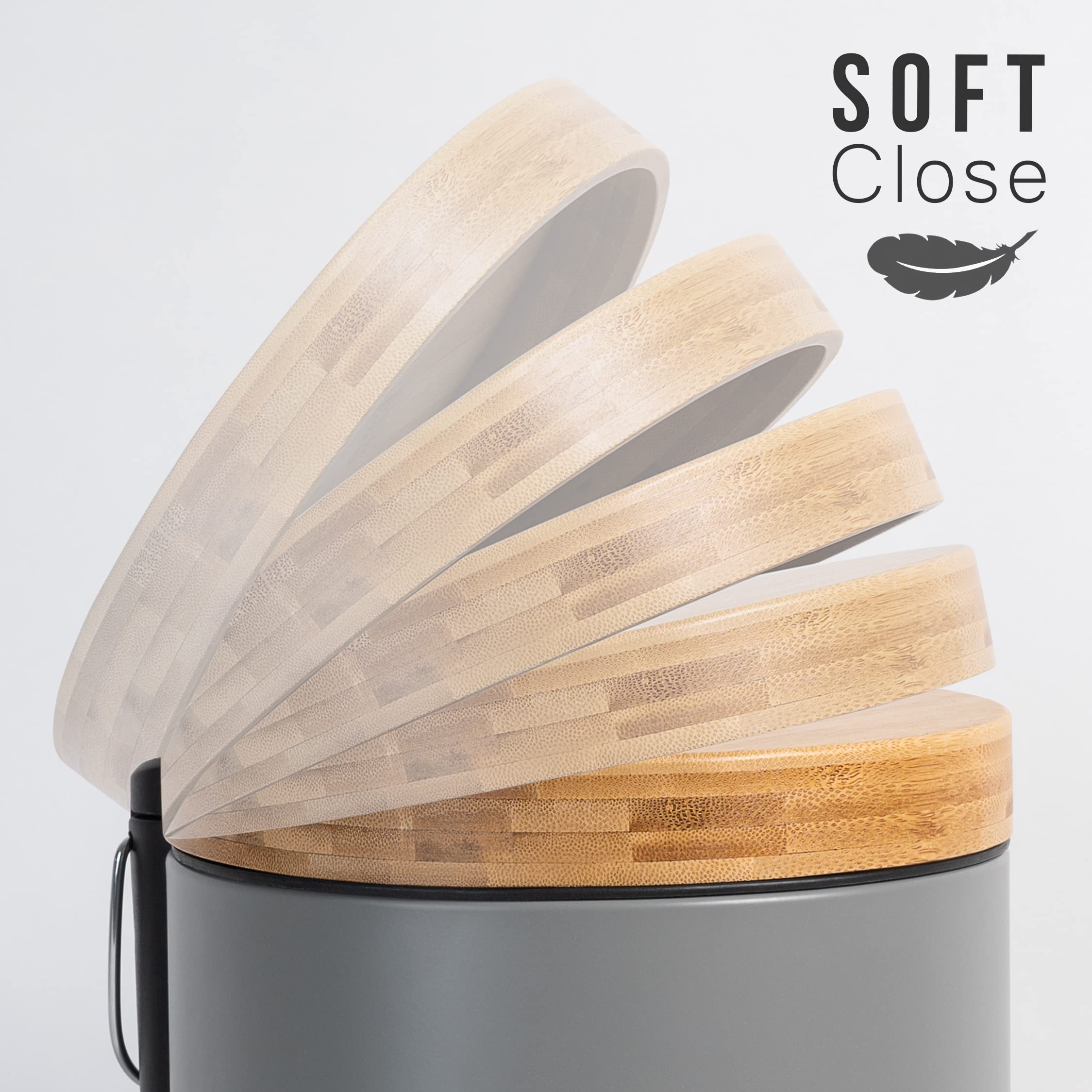 Kazai 5L Bathroom Bin – Soft Close Matte Grey Wastebin with Bamboo Lid