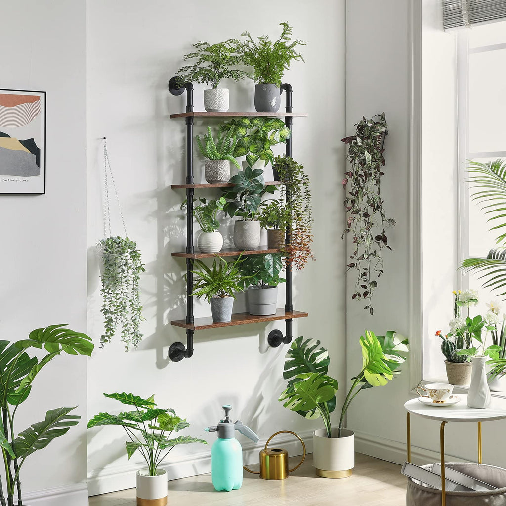 YMYNY 4-Tier Industrial Pipe Wall Shelves | Rustic Wood Floating Racks