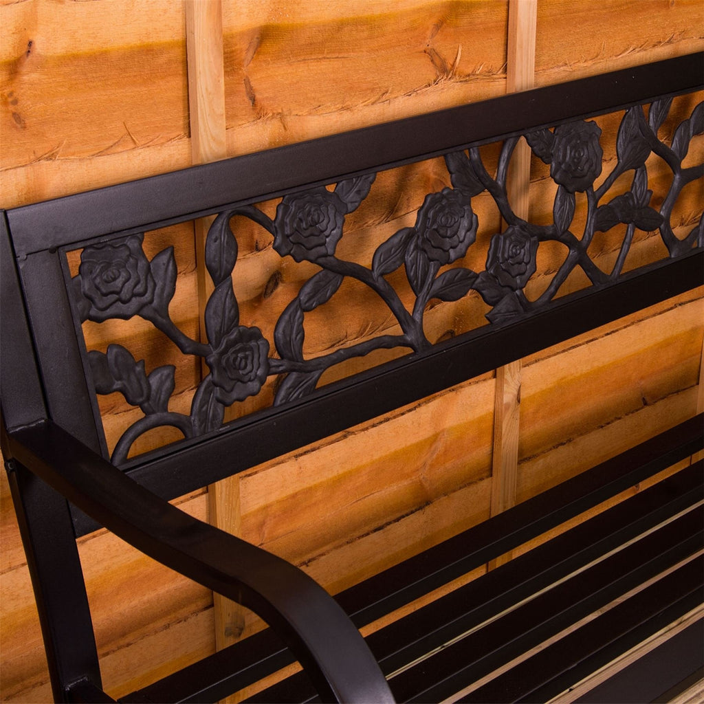 Garden Vida 3 Seater Steel Garden Bench | Rose Design Outdoor Patio Seat