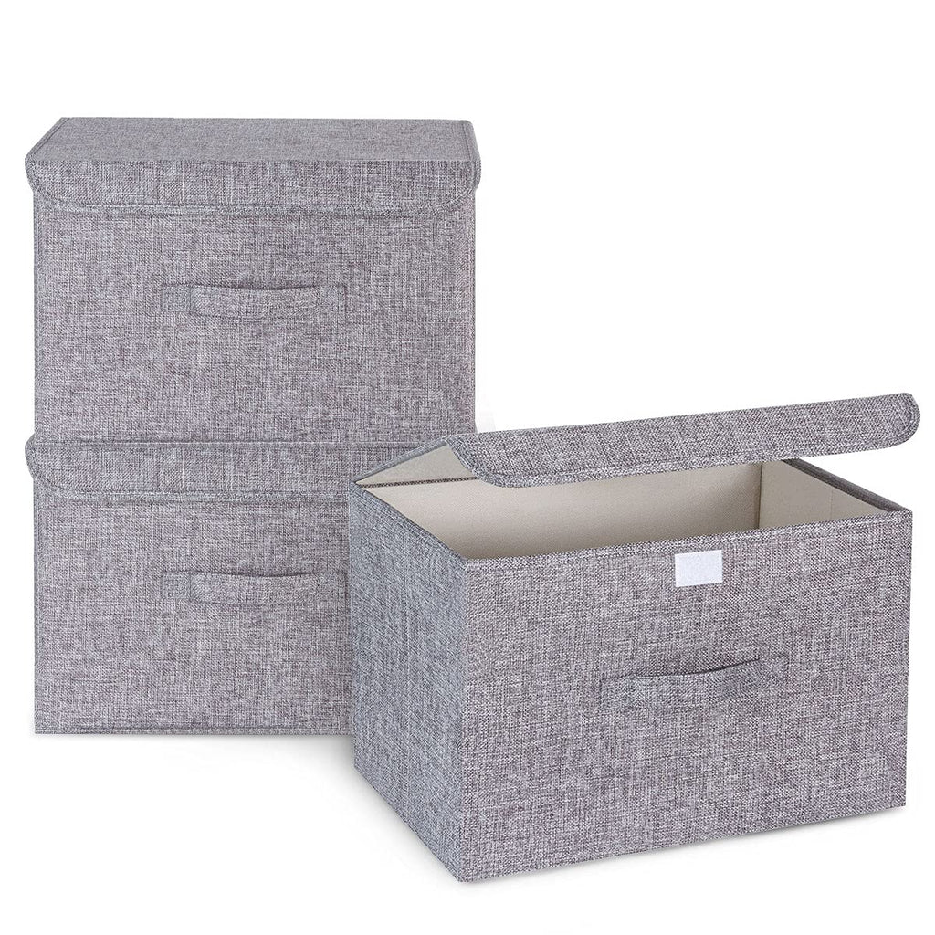 Booxihome 3Pcs Fabric Storage Boxes With Lids For Wardrobe Clothes Toy Foldable Linen 37 * 24 * 25cm Grey