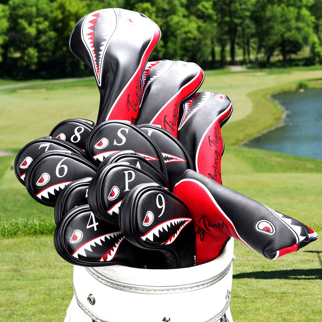 Craftsman Golf 10pcs Black PU Leather Shark Iron Head Covers Set