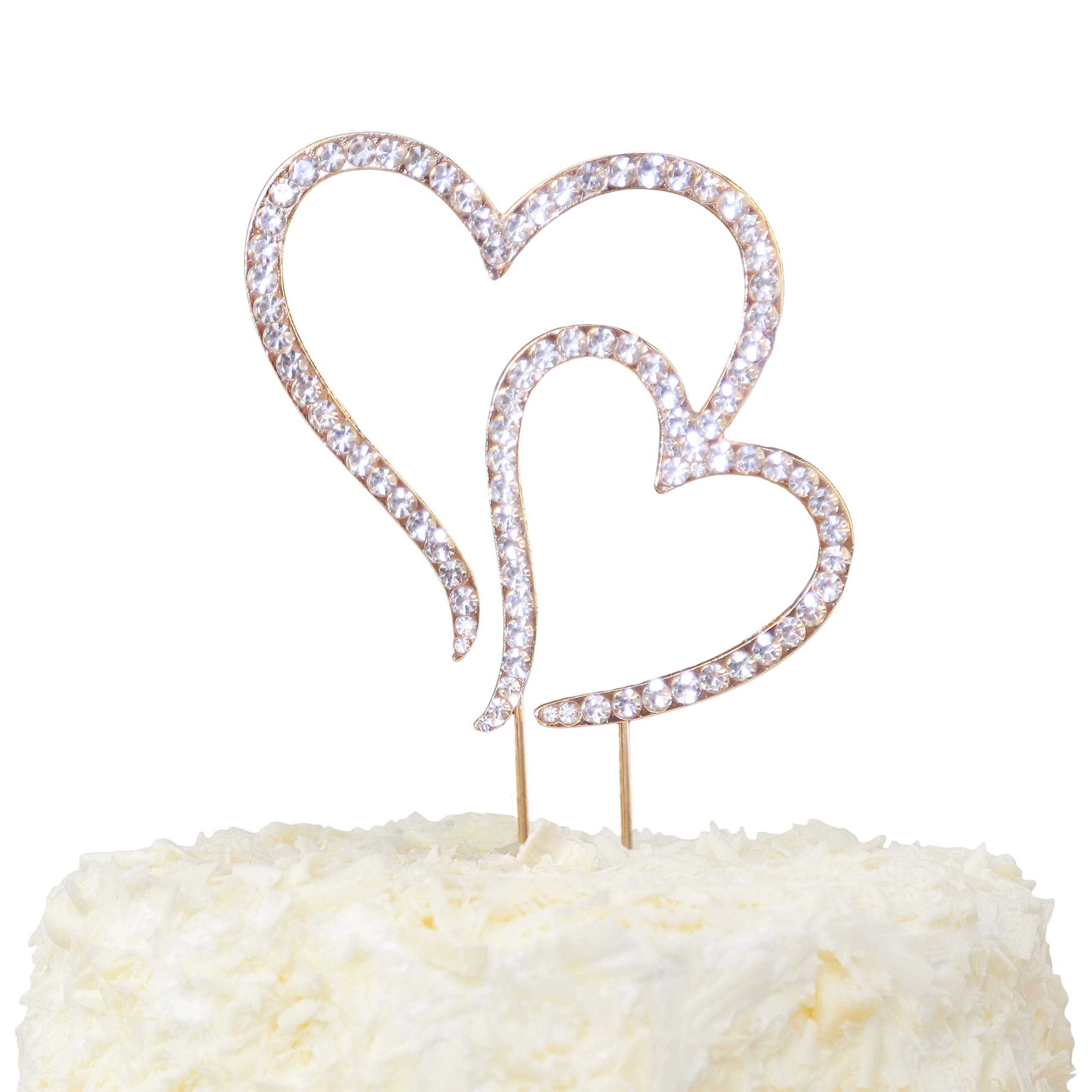 LOVENJOY Rose Gold Crystal Double Hearts Wedding Cake Topper with Gift Box