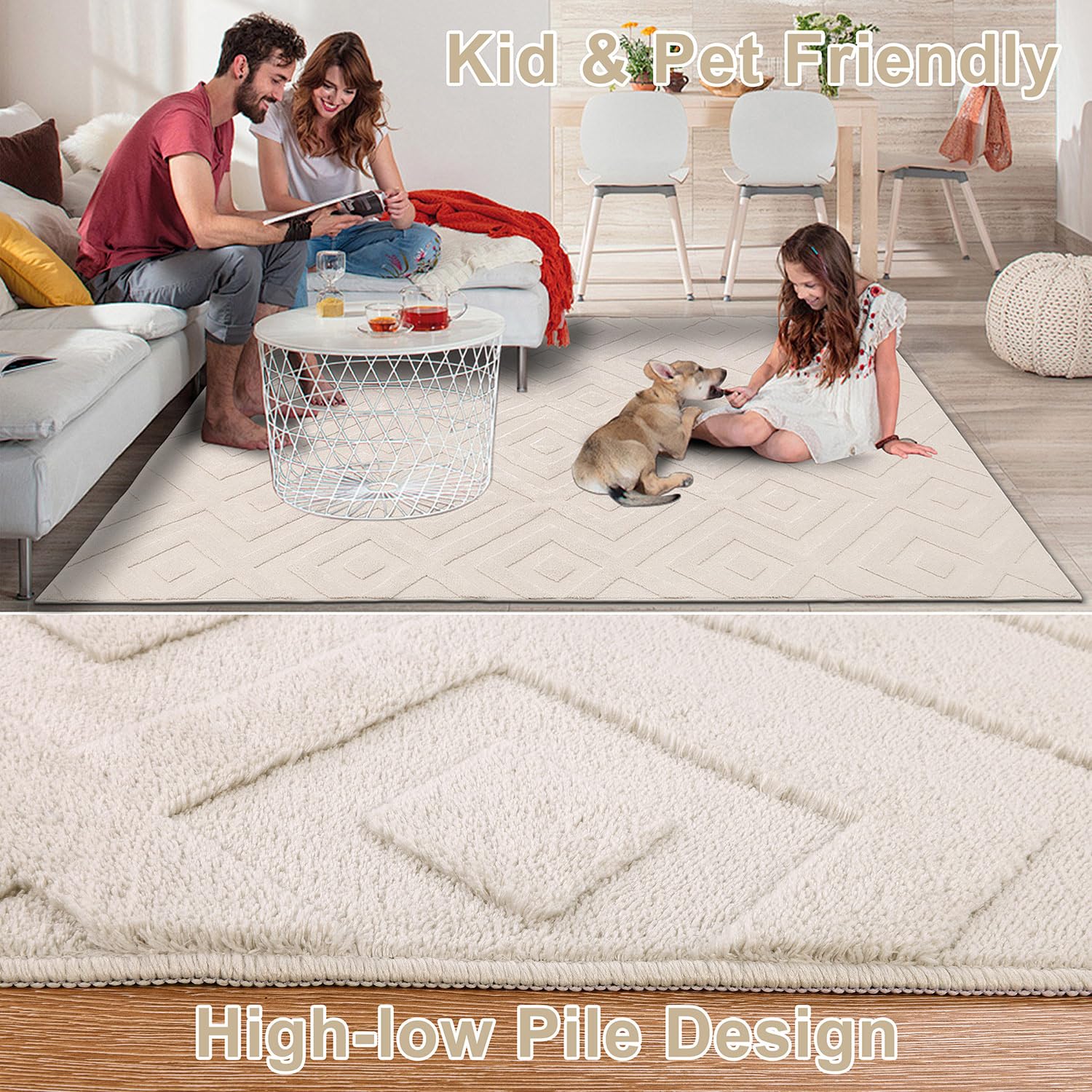 SHACOS Washable Area Rug | 120x160cm Cream Geometric Shaggy Carpet
