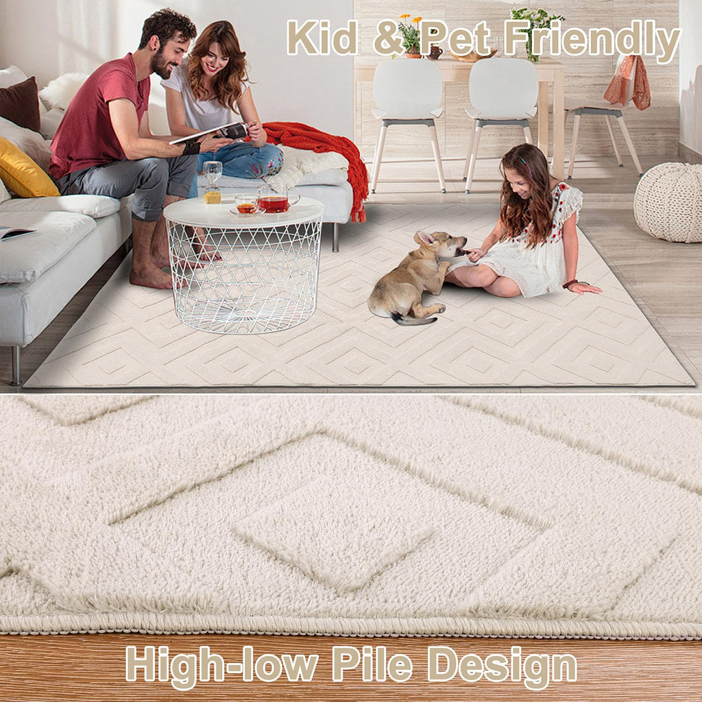 SHACOS Modern Cream Area Rug – 160x230cm Washable Shaggy Geometric Carpet