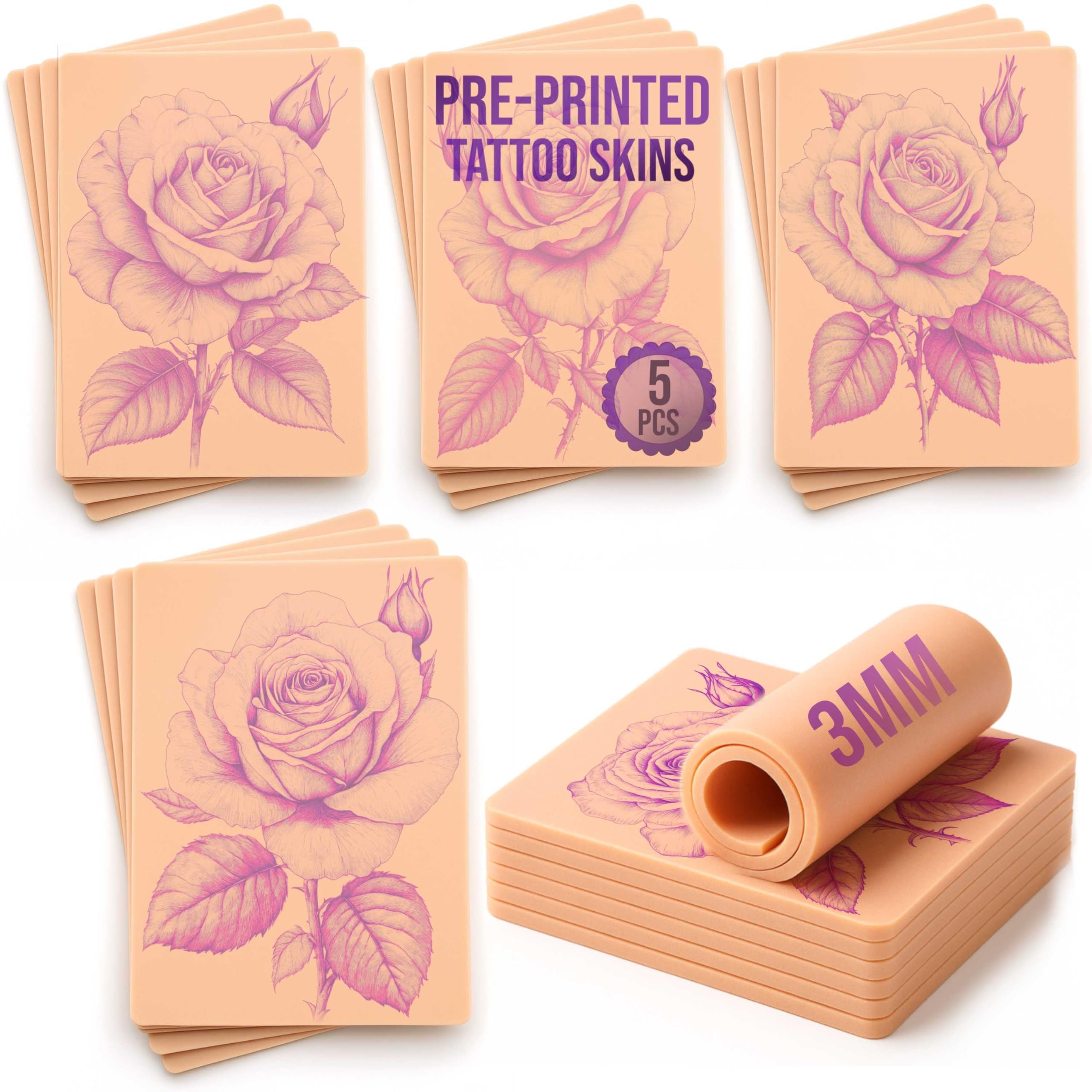 Tattoo Practice Skin - 5 Flower Designs 3mm Silicone Set