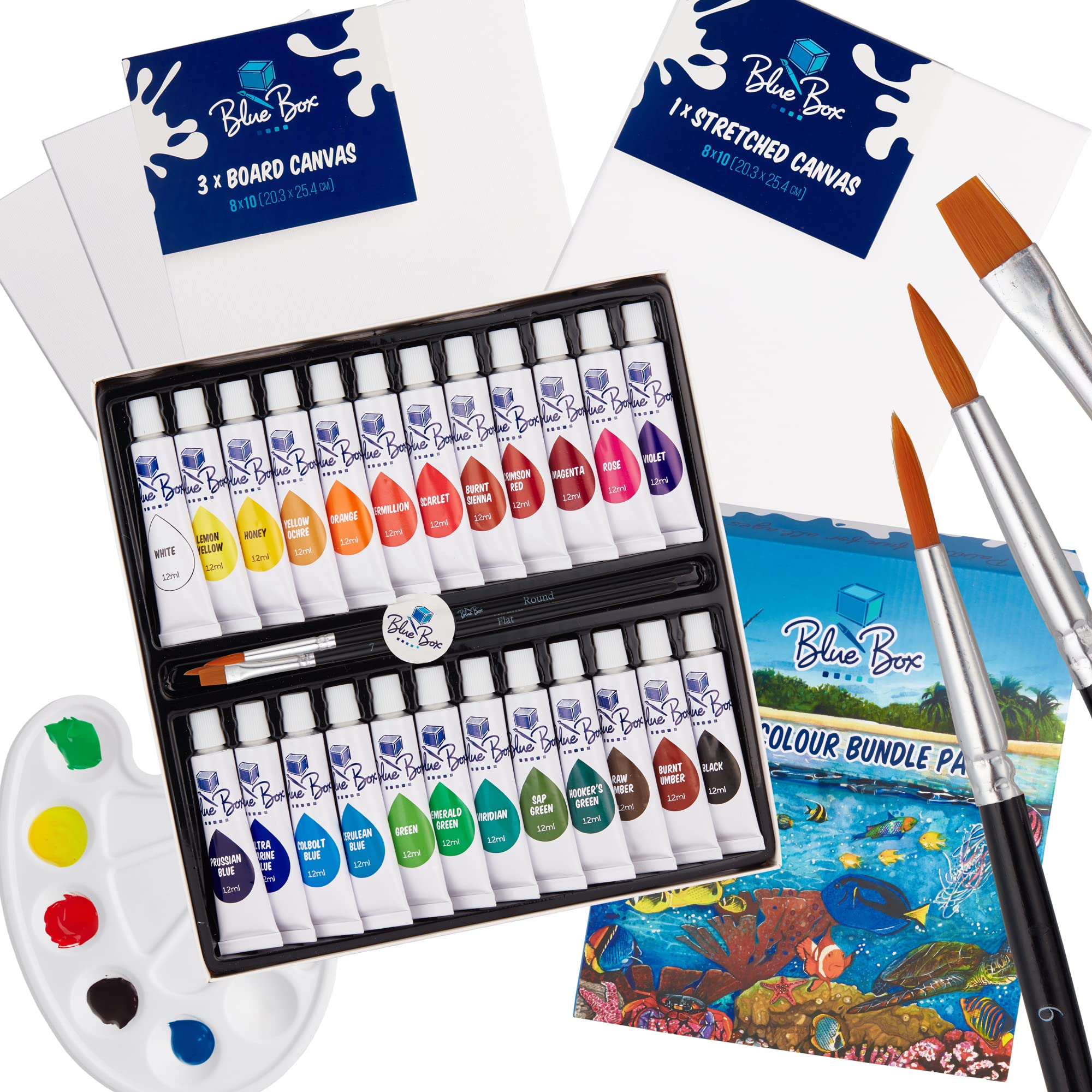 Blue Box Premium Watercolour Painting Kit - 24 Colours & Canvas Bundle