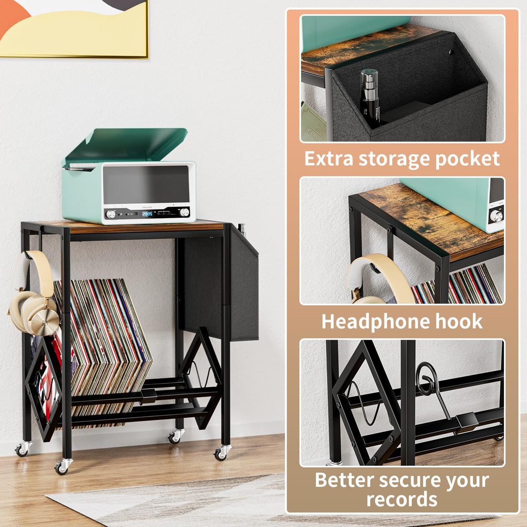 EKNITEY Vinyl Record Player Stand | Turntable Table with Wheels & Storage