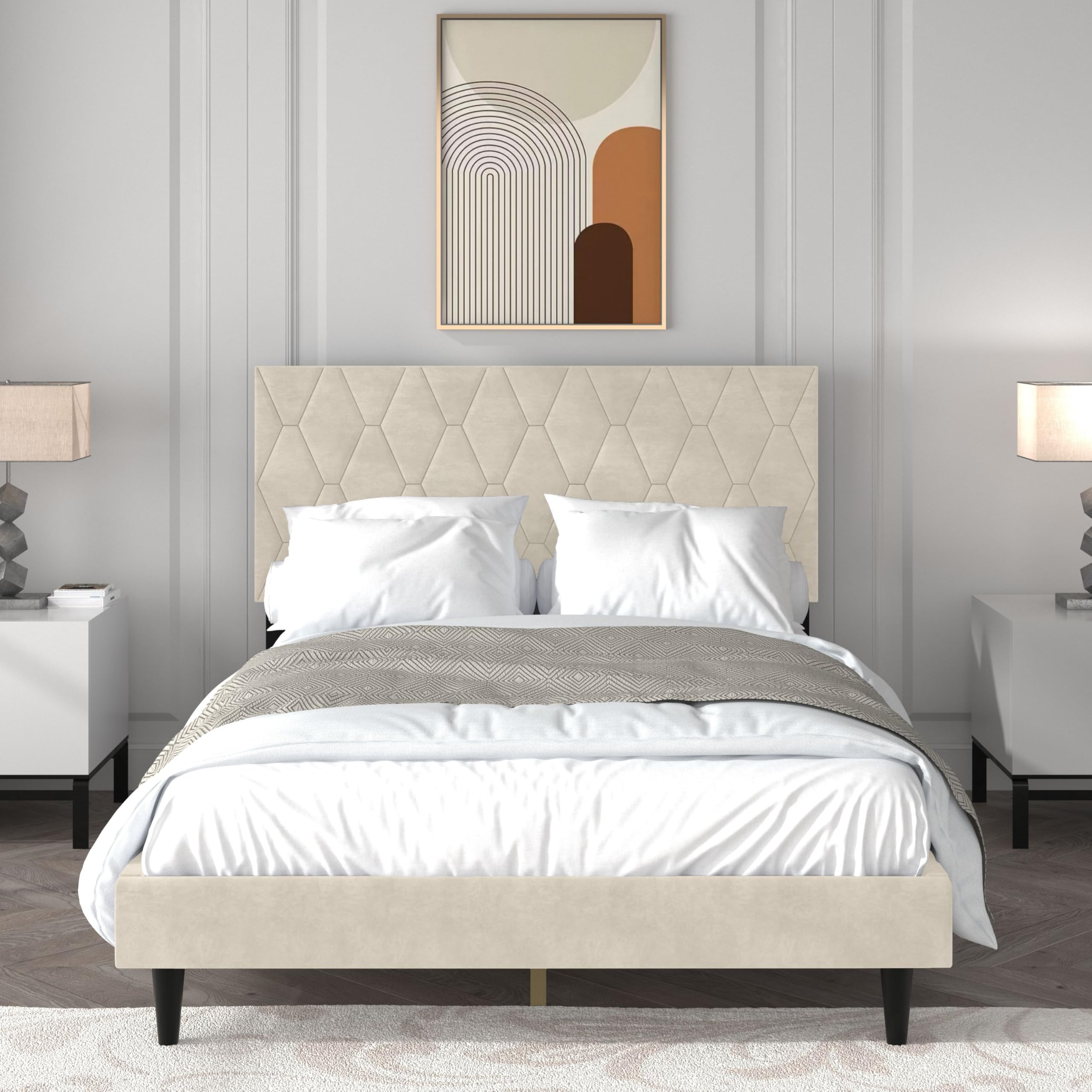 Galano Mallory Upholstered Double Bed Frame with Headboard - Beige