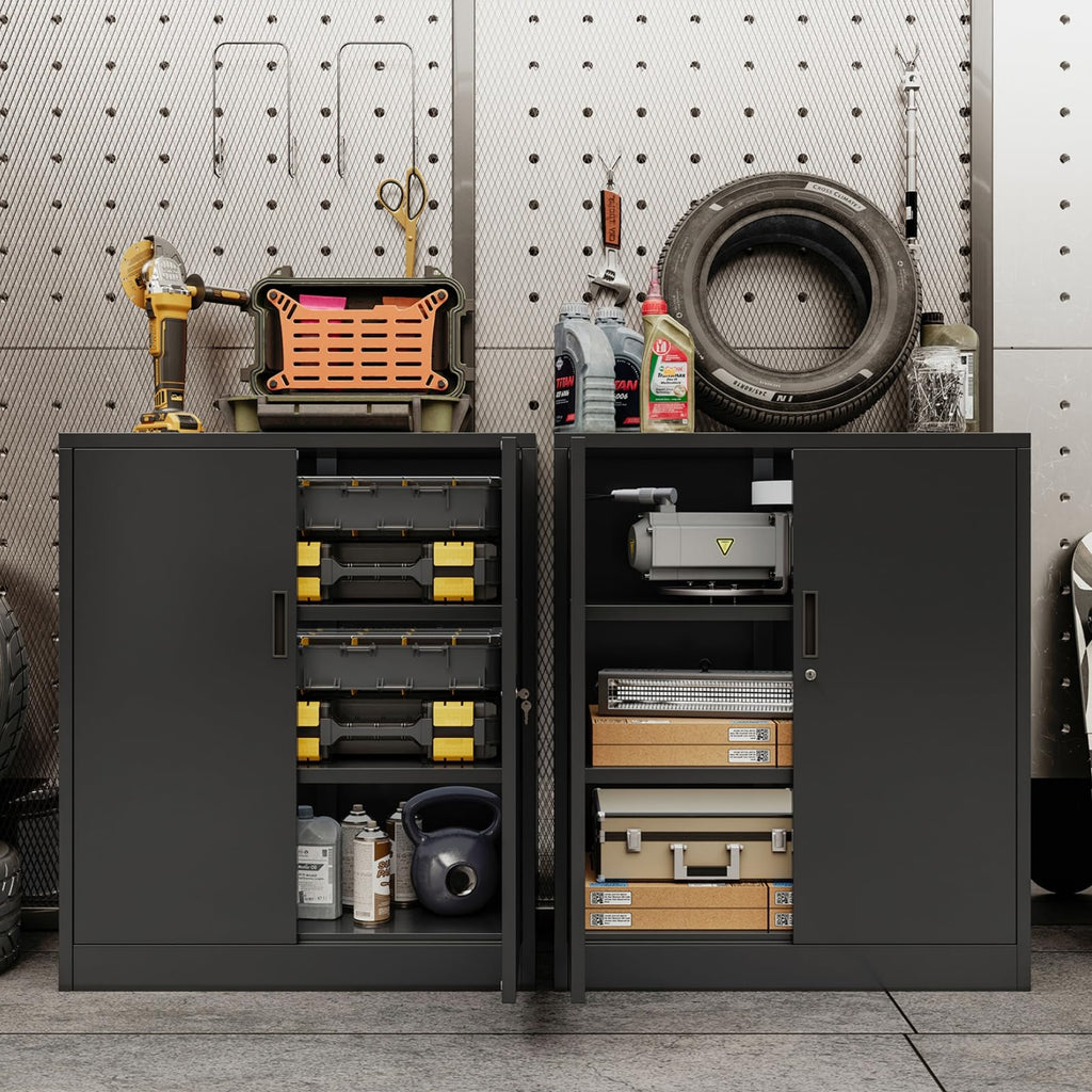 Metal Storage Cabinet, 90cm Locking Storage Cabinet with Doors & Shelves, Steel Storage Cabinet with 2 Adjustable Shelves for Garage, Home, Office