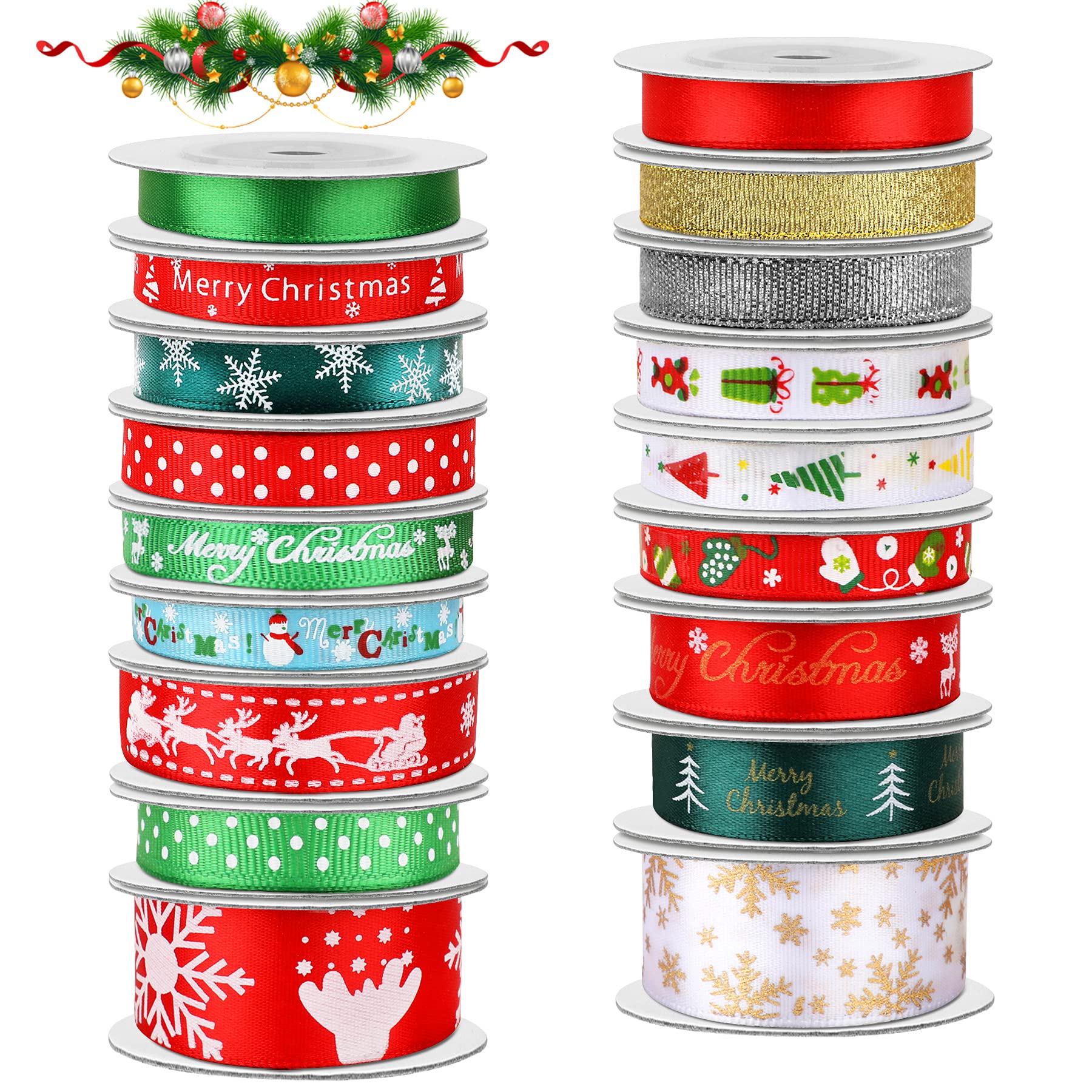 SANNIX 18 Rolls Christmas Ribbons - 90 Yards Grosgrain for Gift Wrapping