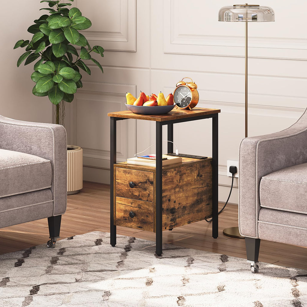 HOOBRO Narrow Side Table with Charging Station, 2 Drawers, Industrial