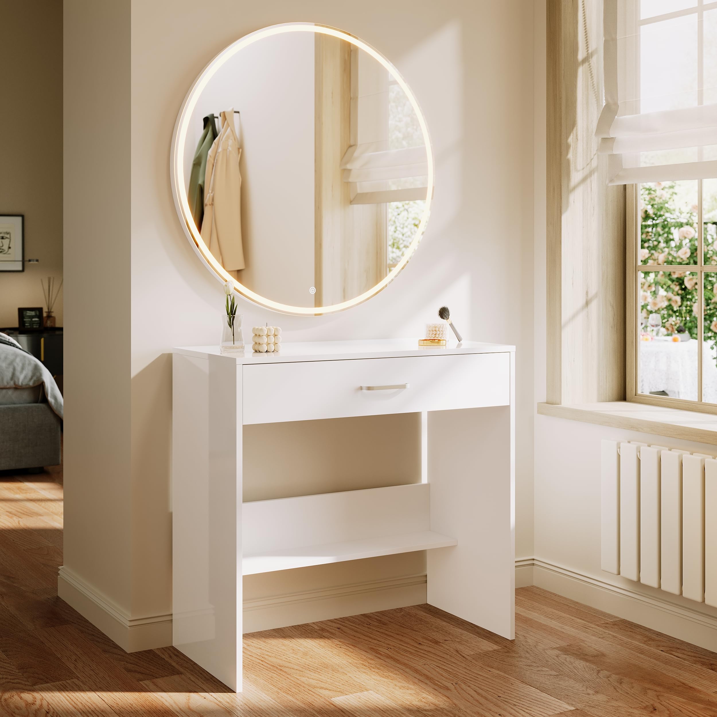 ELEGANT LED Vanity Table with Mirror – Large Capacity Makeup Desk