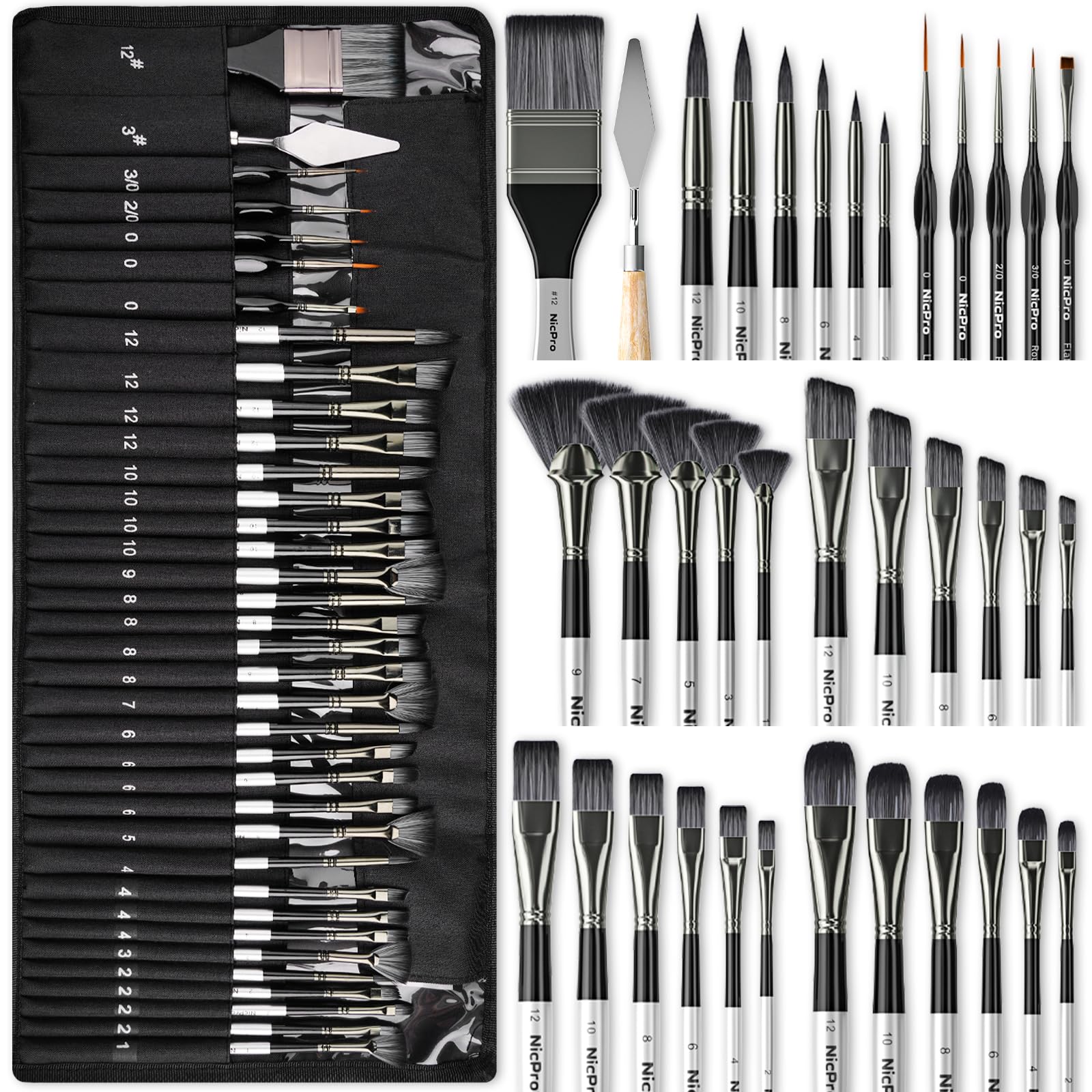 Nicpro 36pcs Professional Paint Brush Set with Cloth Roll for Acrylic & Oil