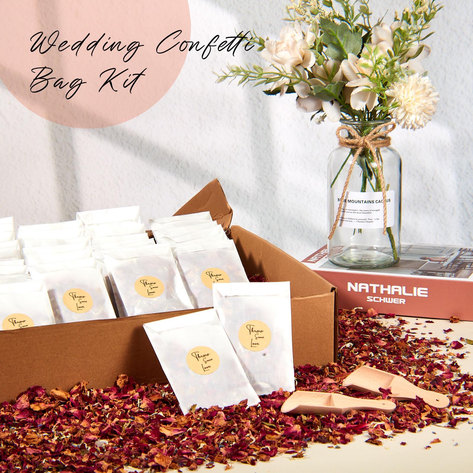 Tenare Wedding Confetti Kit | 100 Sets Dried Rose Petals & Glassine Bags