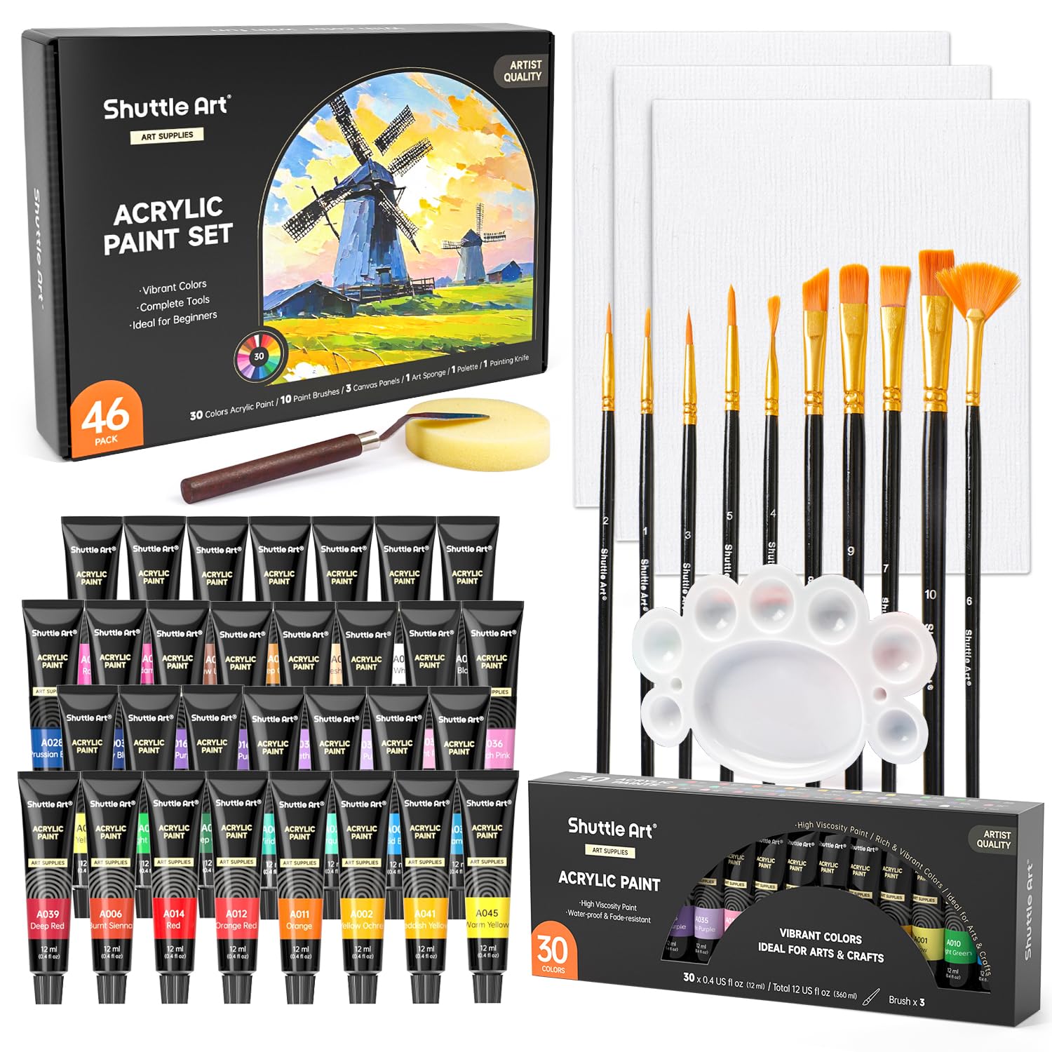 Shuttle Art 46-Piece Acrylic Paint Set - 30 Colors with Brushes & Canvas
